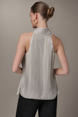 Donna Karan | METALLIC ASYMMETRIC SCARF HALTER BLOUSE