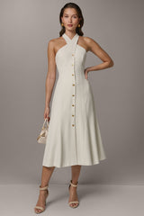 Donna Karan | SLEEVELESS CROSS-FRONT MIDI HALTER DRESS