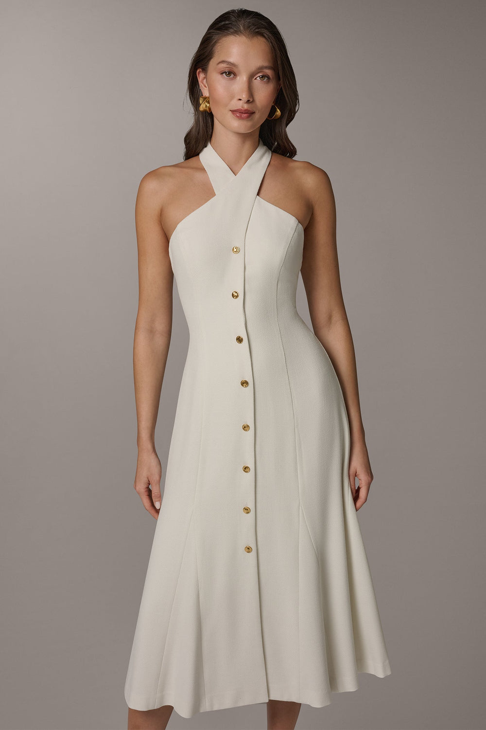 Donna Karan | SLEEVELESS CROSS-FRONT MIDI HALTER DRESS
