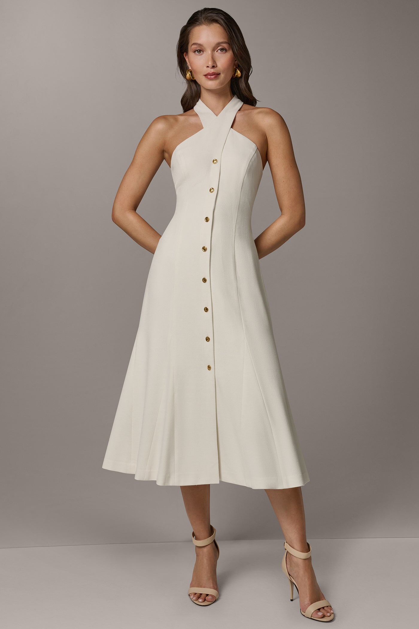 Donna Karan | SLEEVELESS CROSS-FRONT MIDI HALTER DRESS