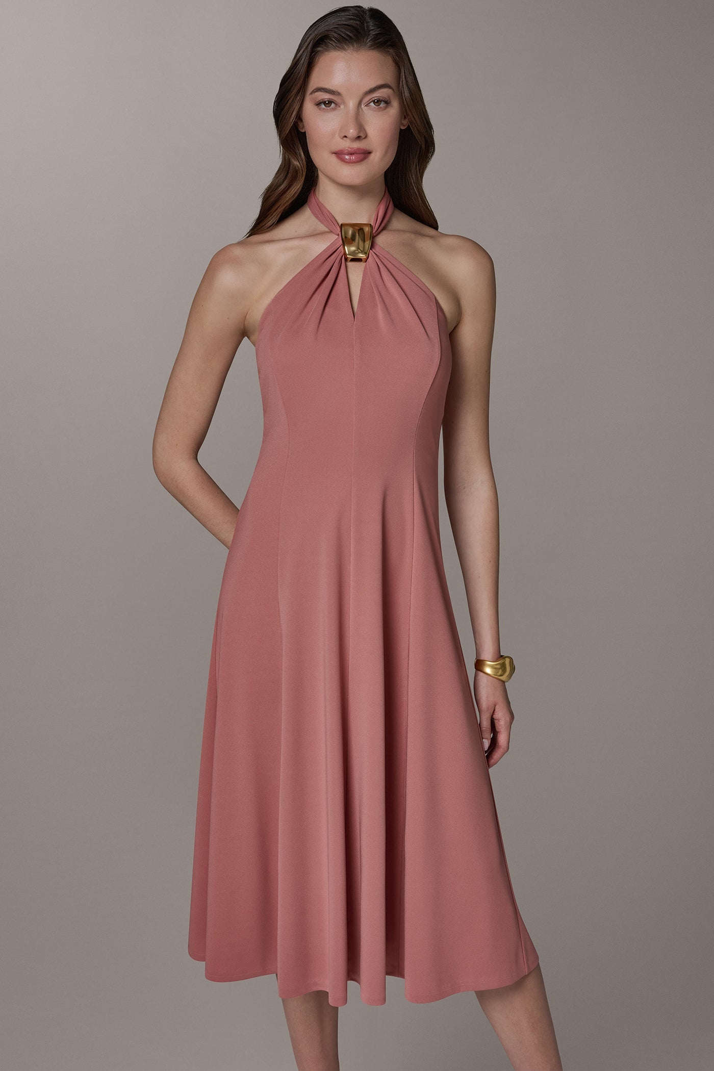 Donna Karan | SLEEVELESS MIDI A-LINE HALTER DRESS