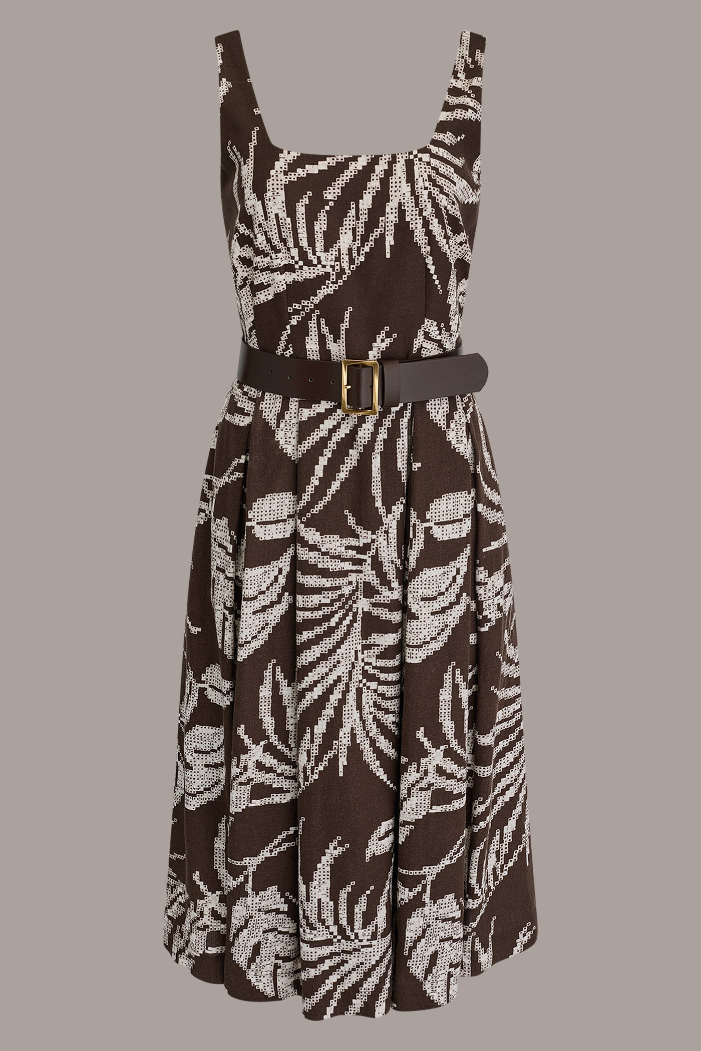 Donna Karan | SLEEVELESS SQUARE NECK PRINTED BELTED MIDI FIT AND FLARE DRESS