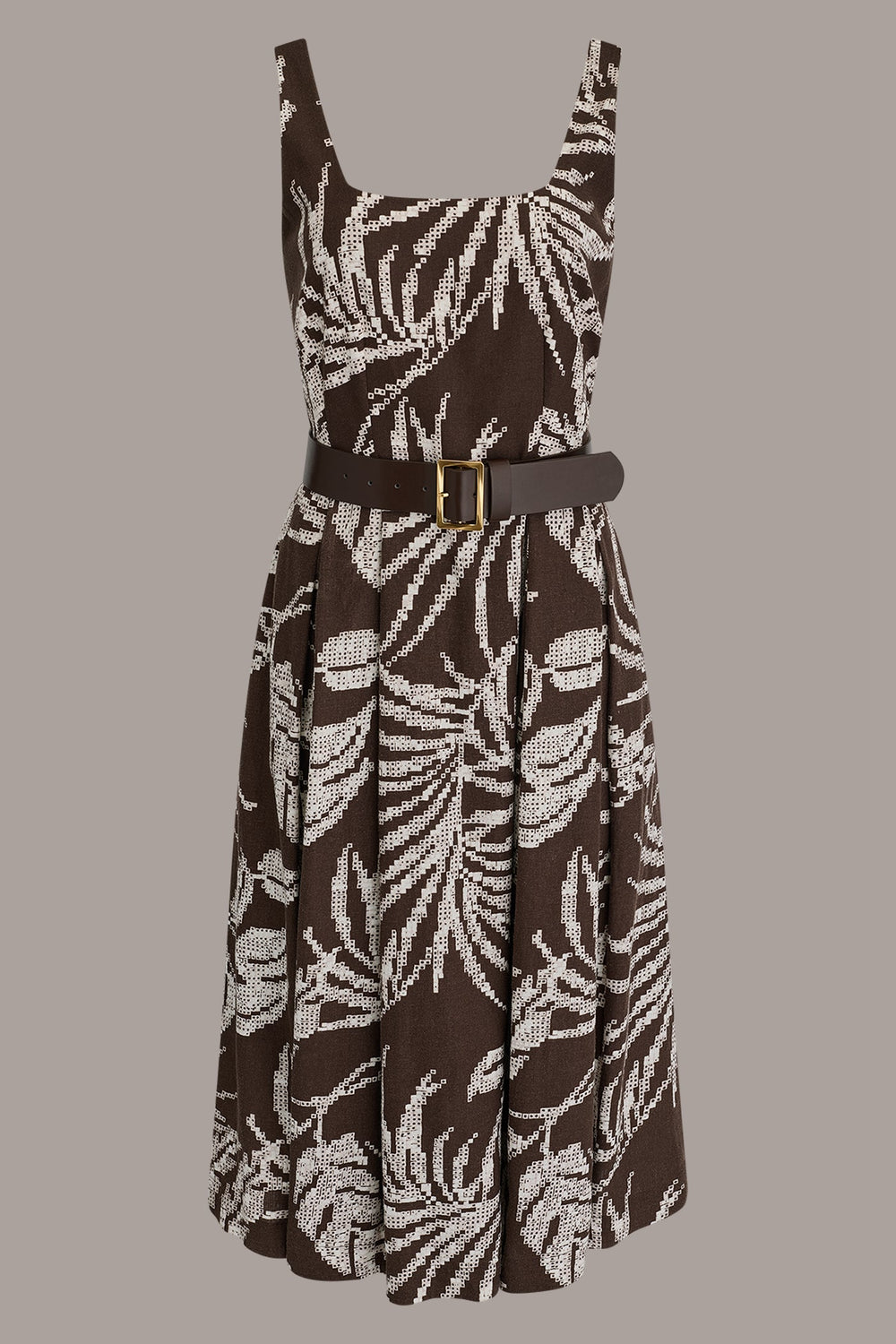 Donna Karan | SLEEVELESS SQUARE NECK PRINTED BELTED MIDI FIT AND FLARE DRESS