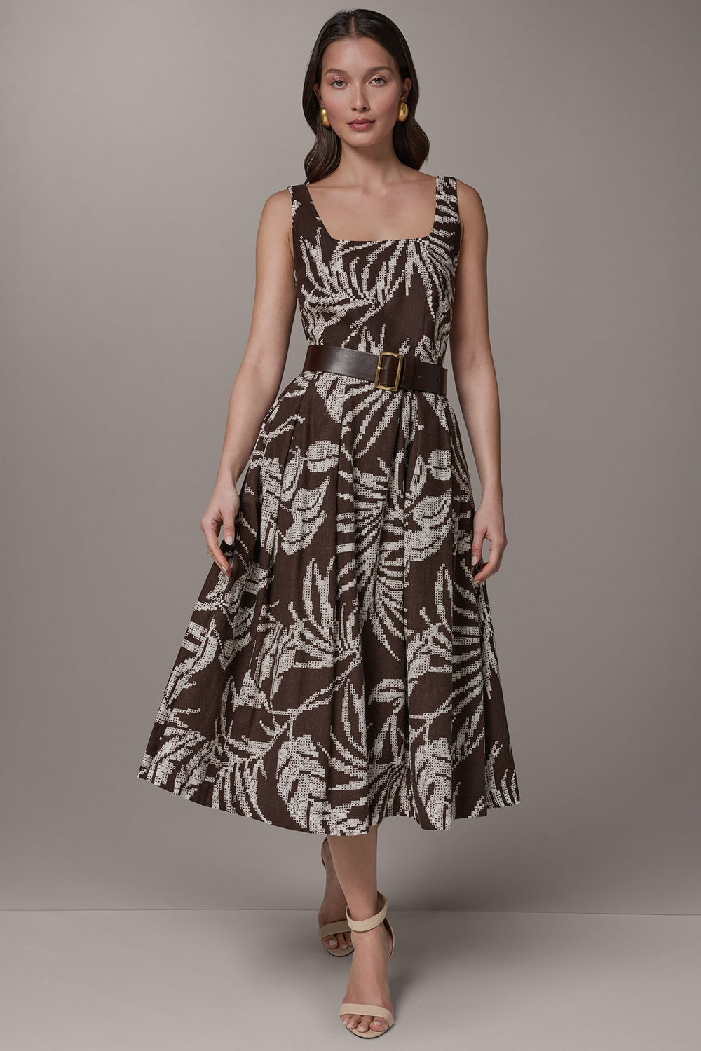 Donna Karan | SLEEVELESS SQUARE NECK PRINTED BELTED MIDI FIT AND FLARE DRESS
