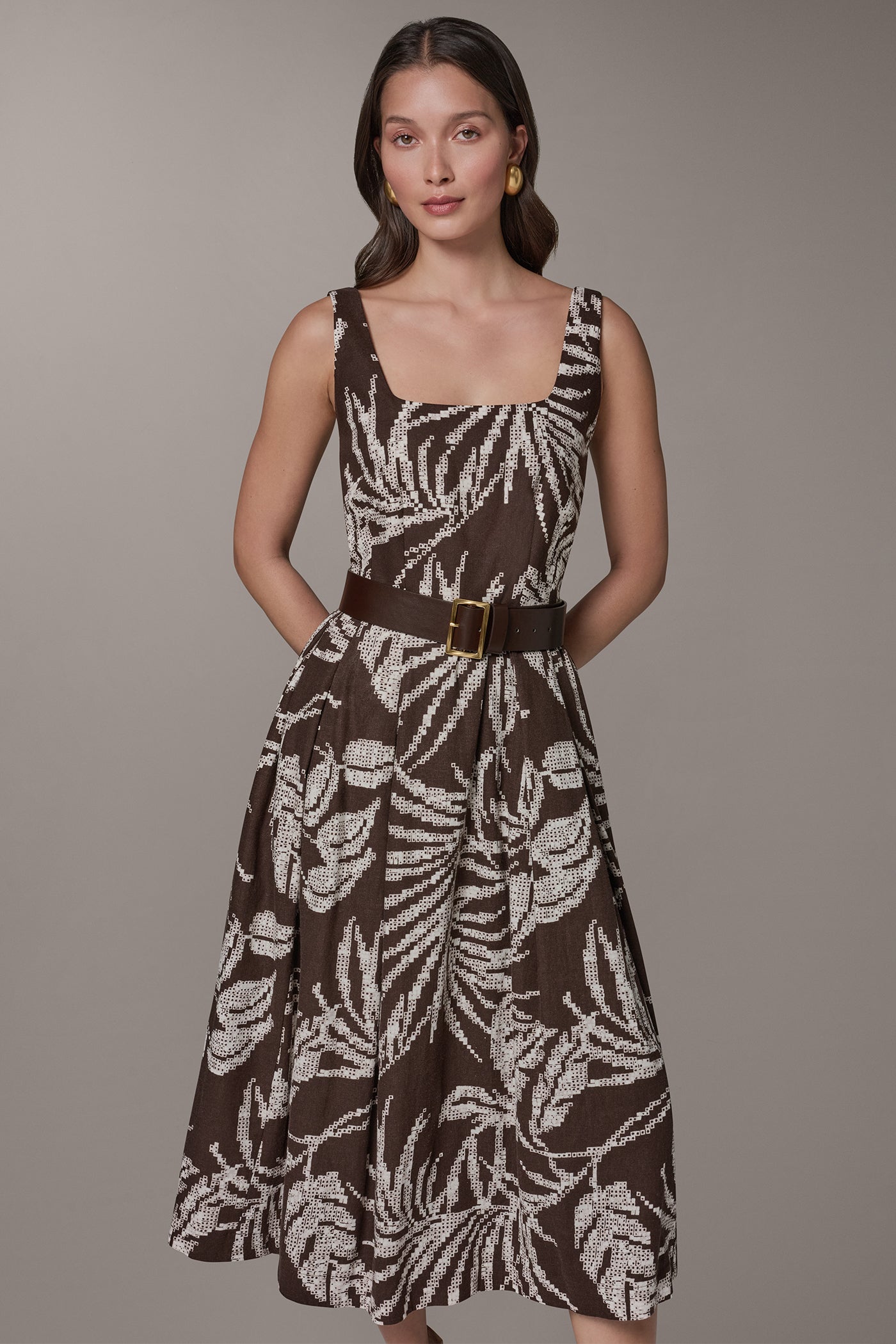 Donna Karan | SLEEVELESS SQUARE NECK PRINTED BELTED MIDI FIT AND FLARE DRESS
