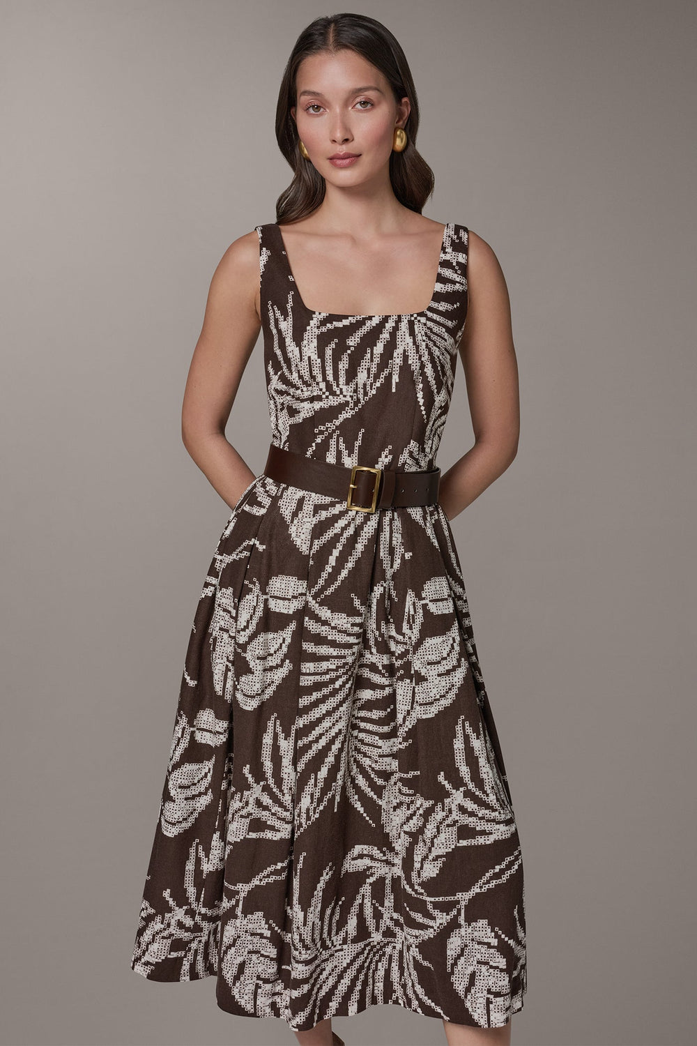 Donna Karan | SLEEVELESS SQUARE NECK PRINTED BELTED MIDI FIT AND FLARE DRESS