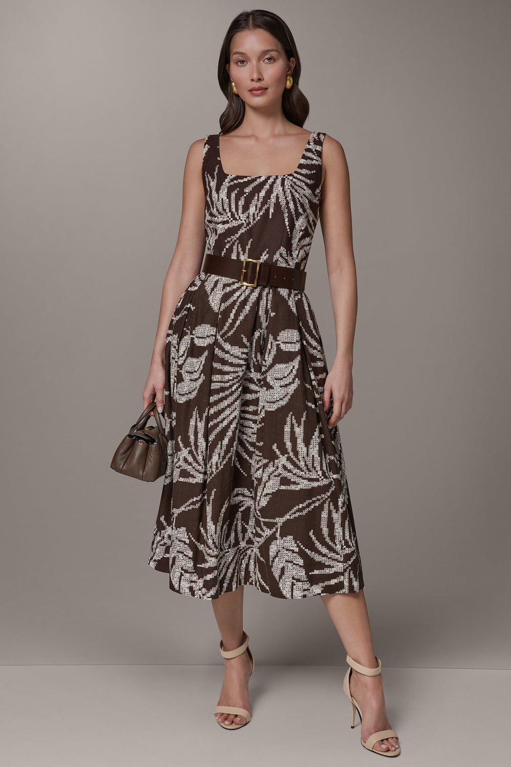 Donna Karan | SLEEVELESS SQUARE NECK PRINTED BELTED MIDI FIT AND FLARE DRESS