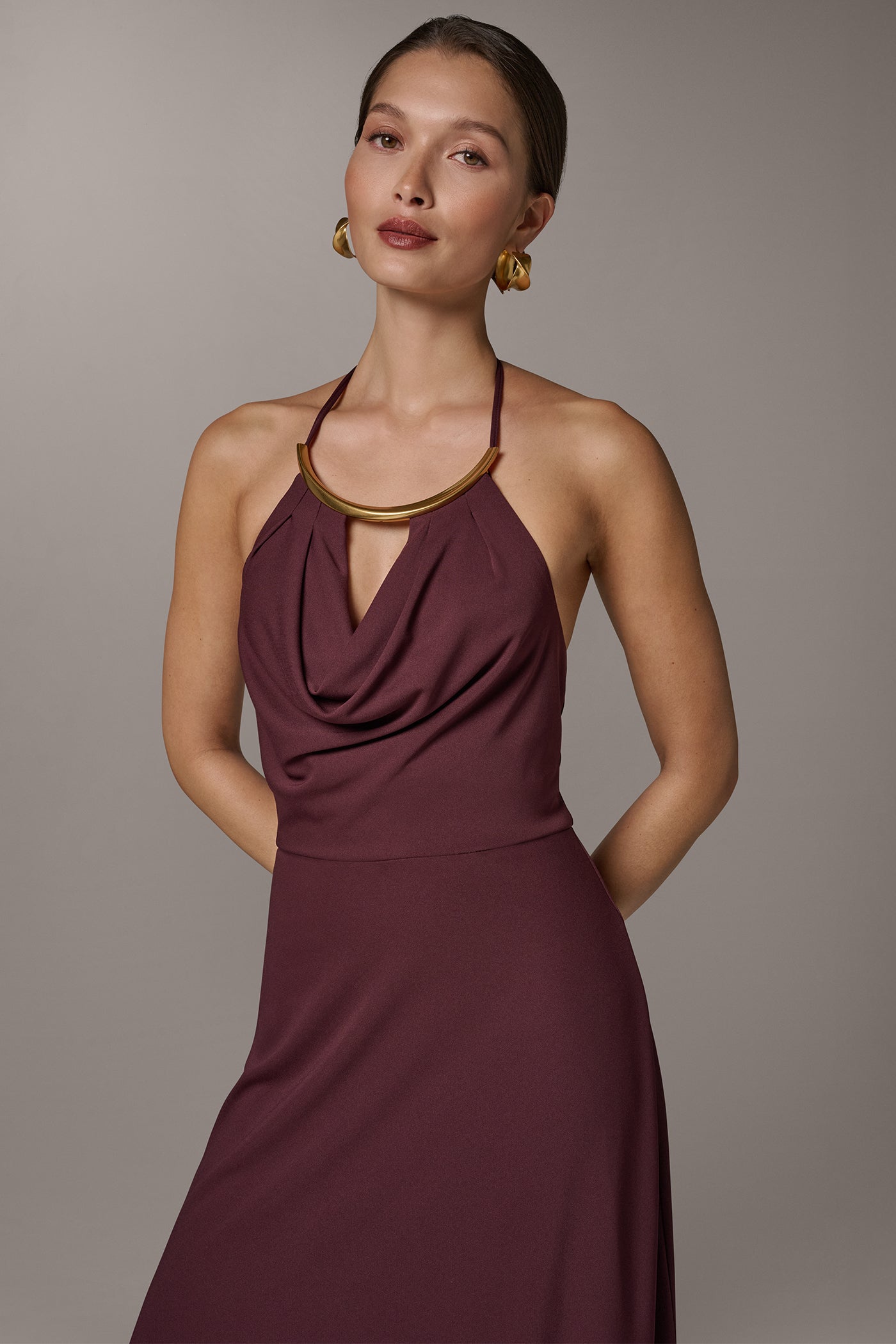 Donna Karan | SLEEVELESS COWL NECK MIDI HALTER DRESS