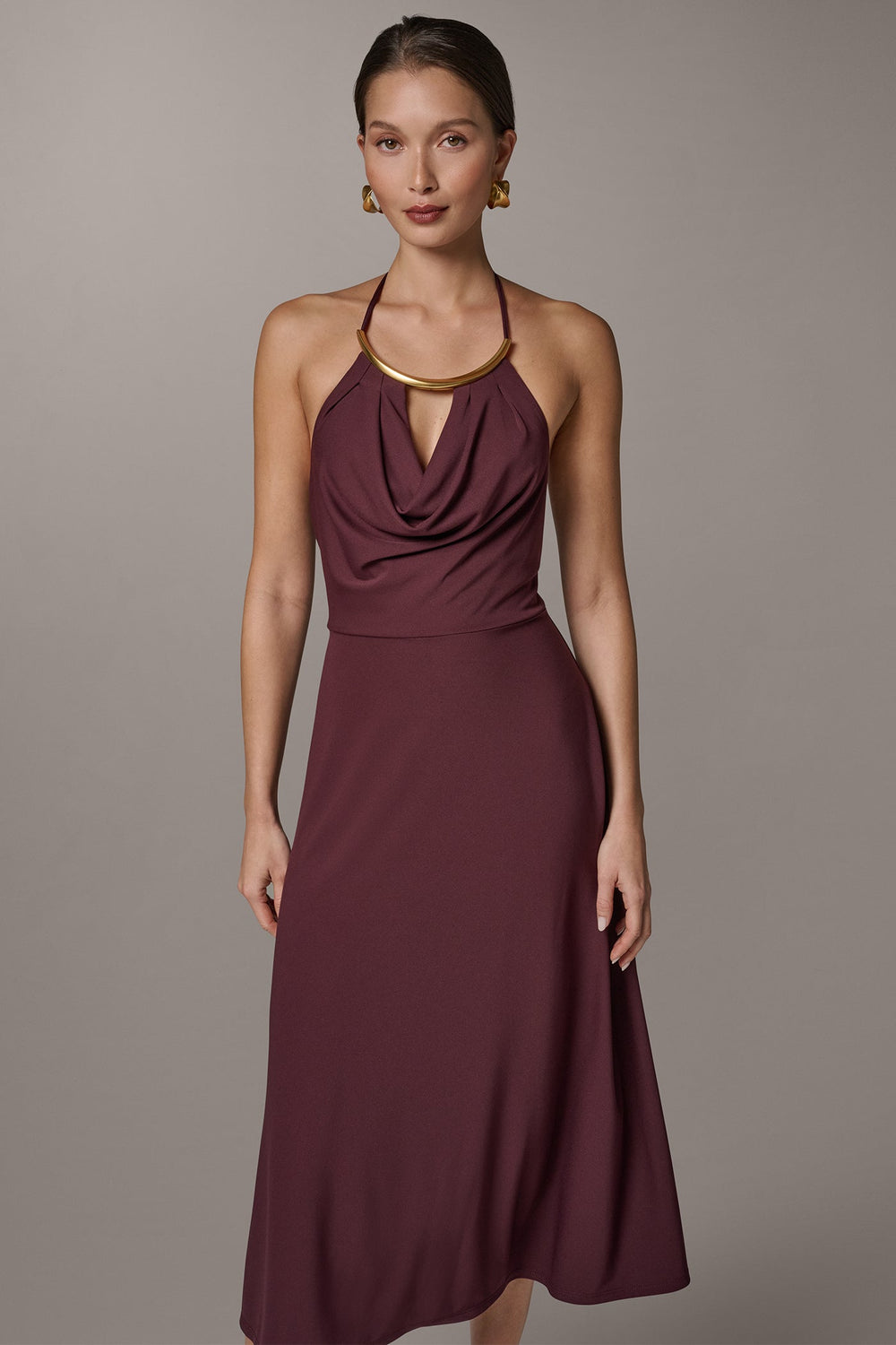 Donna Karan | SLEEVELESS COWL NECK MIDI HALTER DRESS