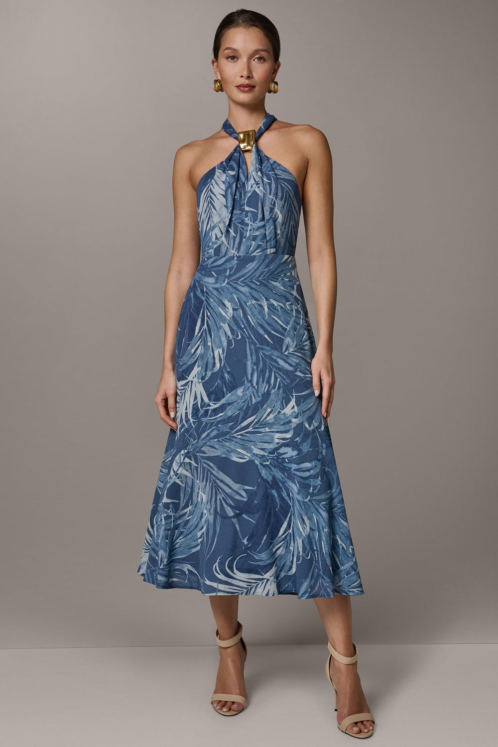 Donna Karan | SLEEVELESS PRINT MIDI HALTER DRESS