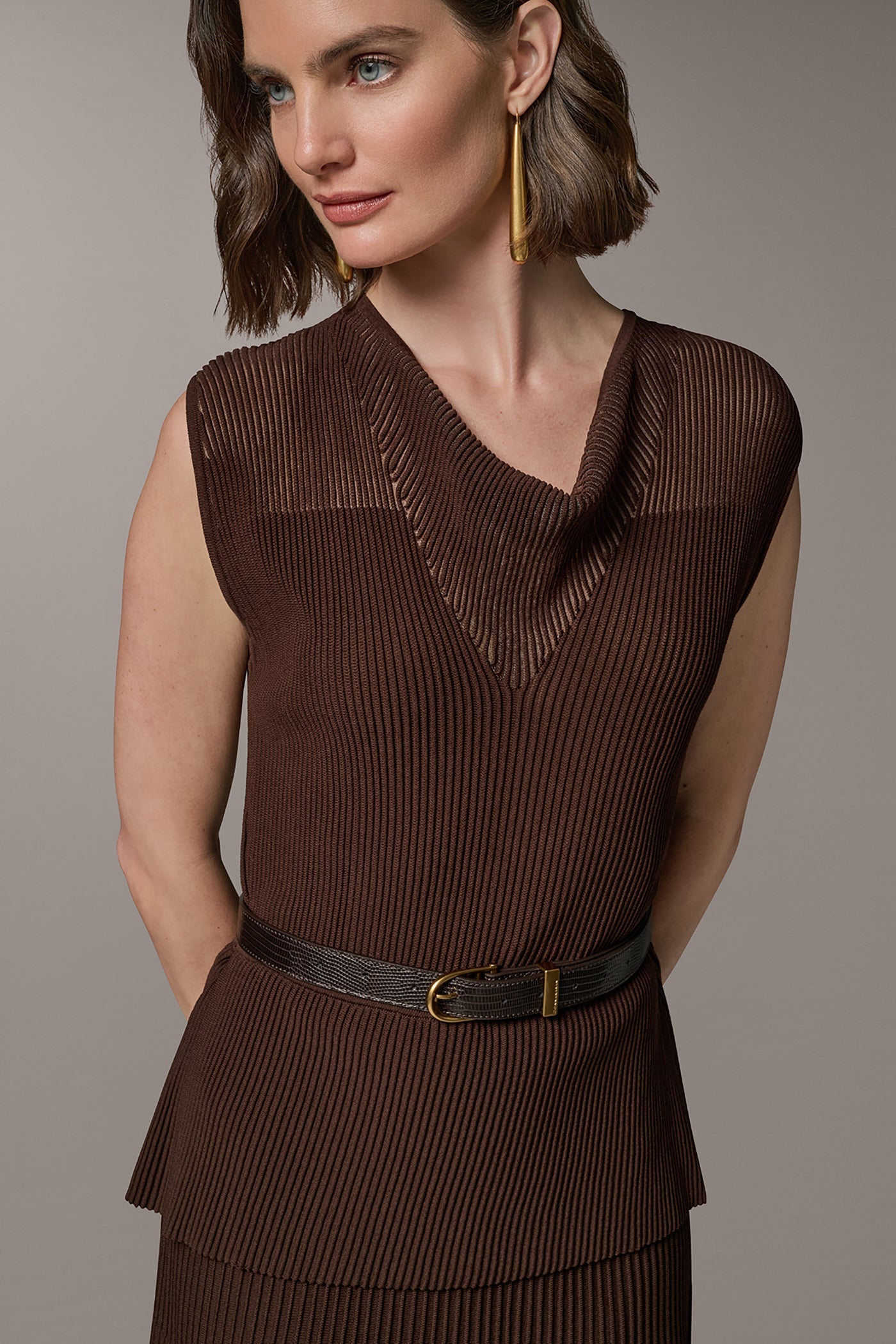 Donna Karan | SLEEVELESS COWL NECK MIDI SWEATER DRESS