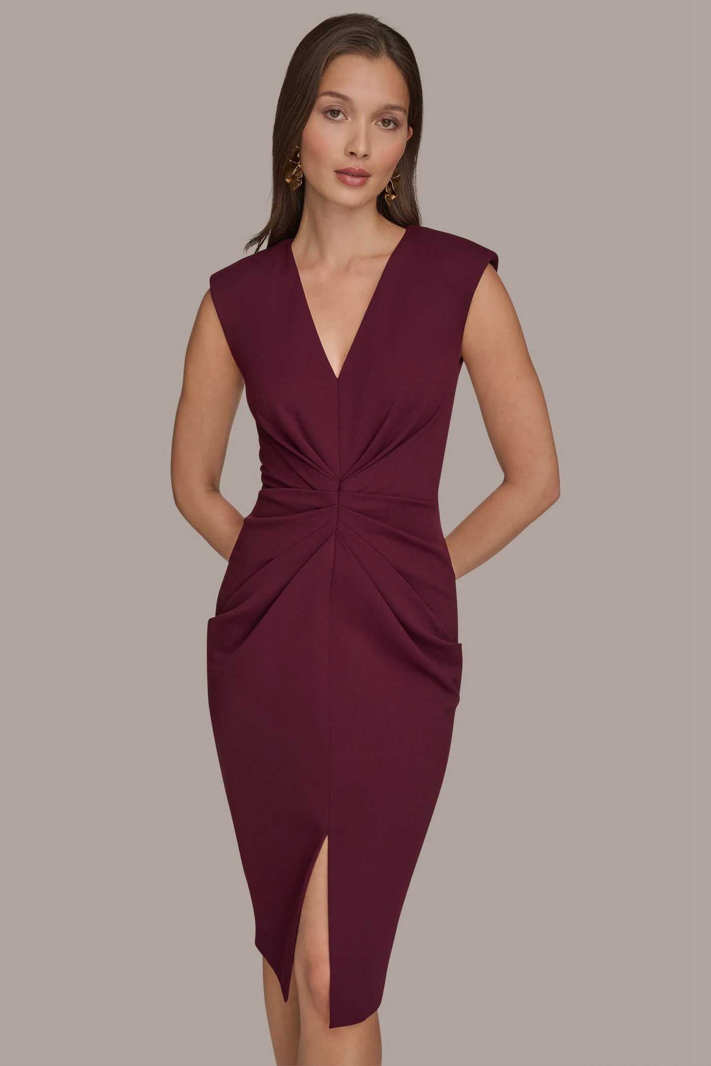 Donna Karan | SLEEVELESS SPLIT-FRONT MIDI SHEATH DRESS