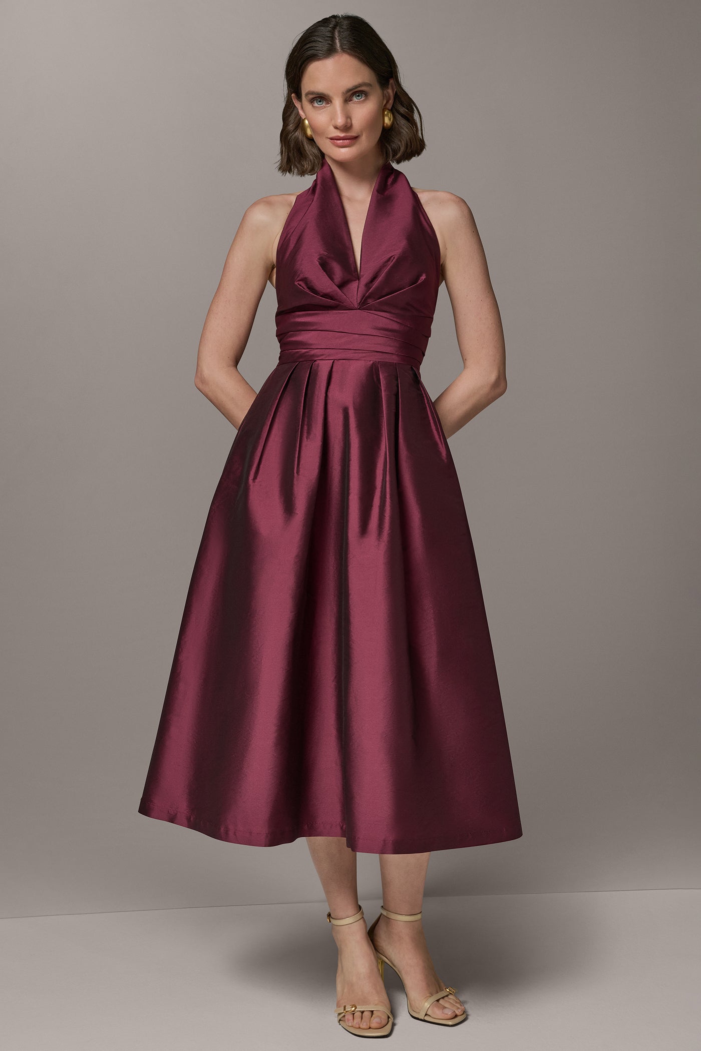 Donna Karan | SLEEVELESS V-NECK TAFFETA MIDI COCKTAIL DRESS