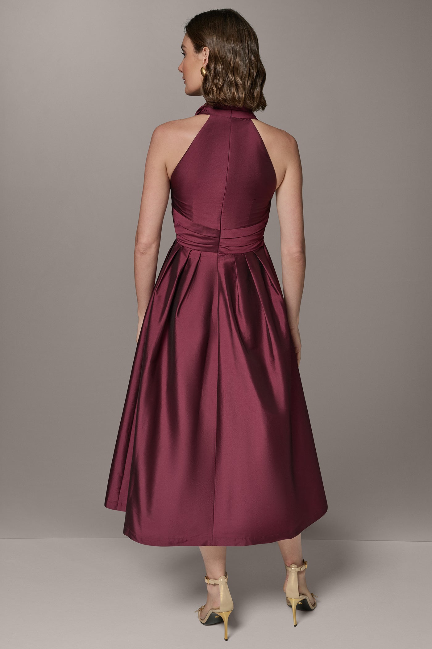 Donna Karan | SLEEVELESS V-NECK TAFFETA MIDI COCKTAIL DRESS