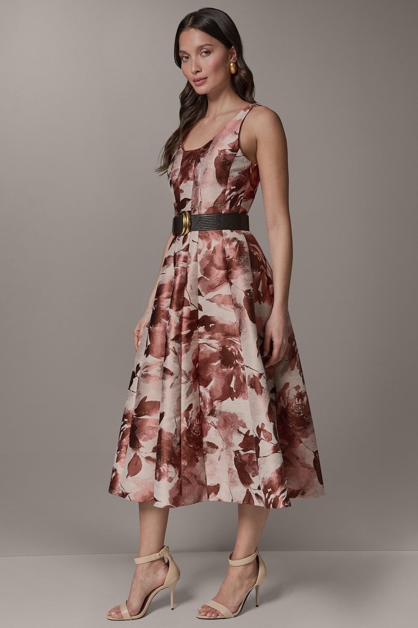 Donna Karan | SLEEVELESS FLORAL MIDI FIT AND FLARE DRESS