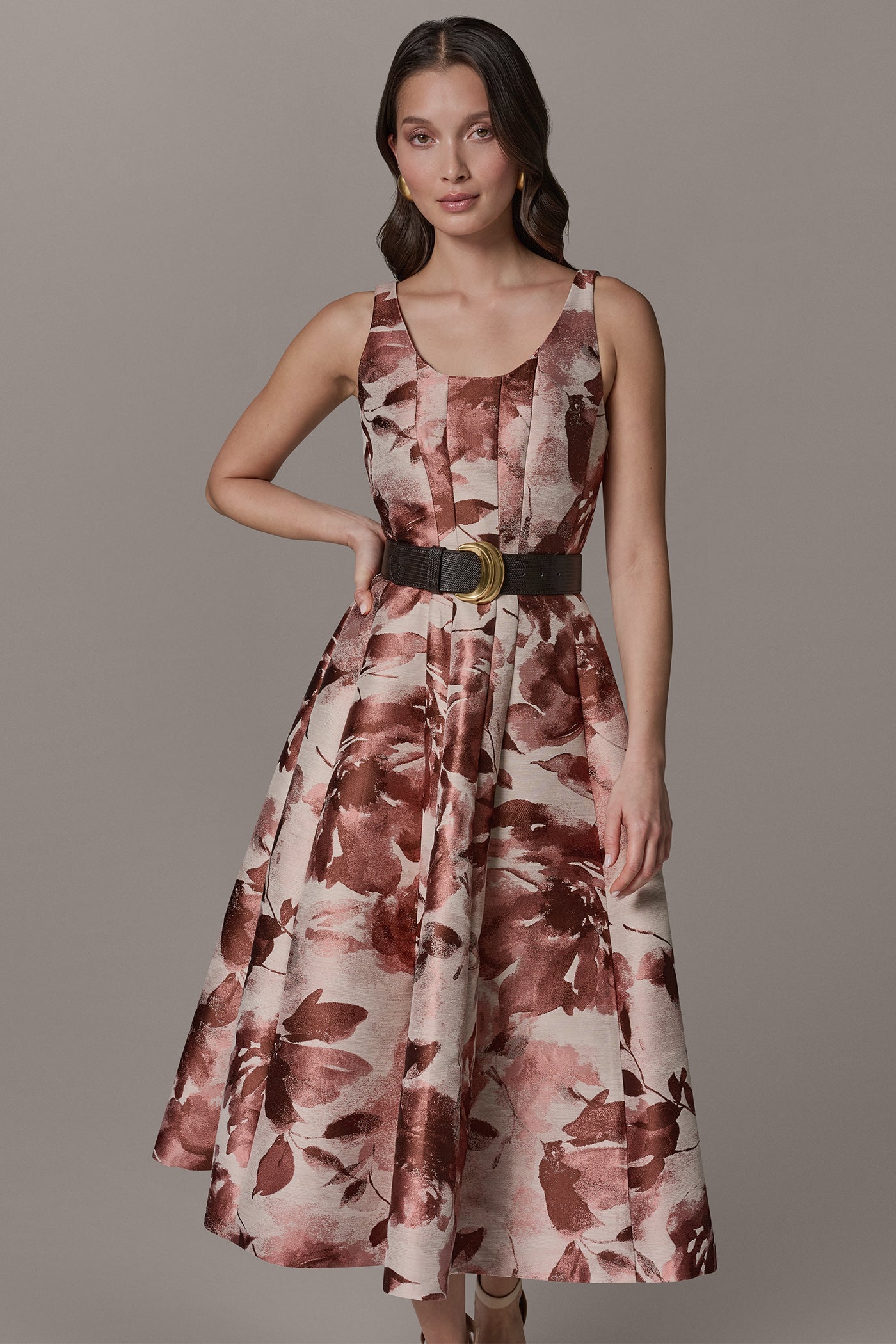 Donna Karan | SLEEVELESS FLORAL MIDI FIT AND FLARE DRESS