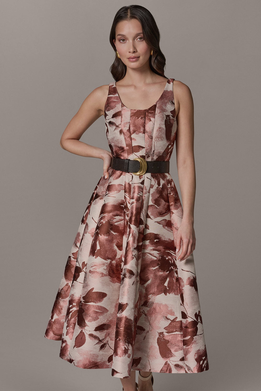 Donna Karan | SLEEVELESS FLORAL MIDI FIT AND FLARE DRESS