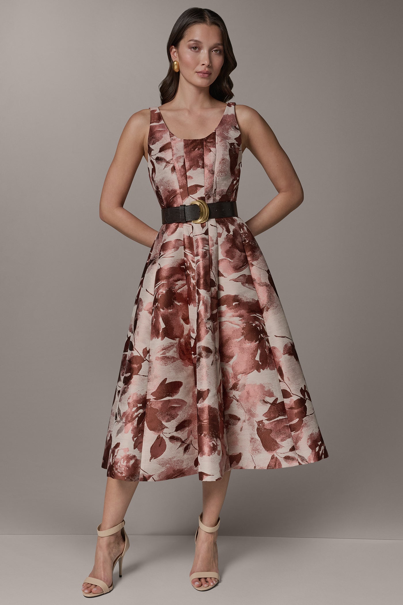 Donna Karan | SLEEVELESS FLORAL MIDI FIT AND FLARE DRESS