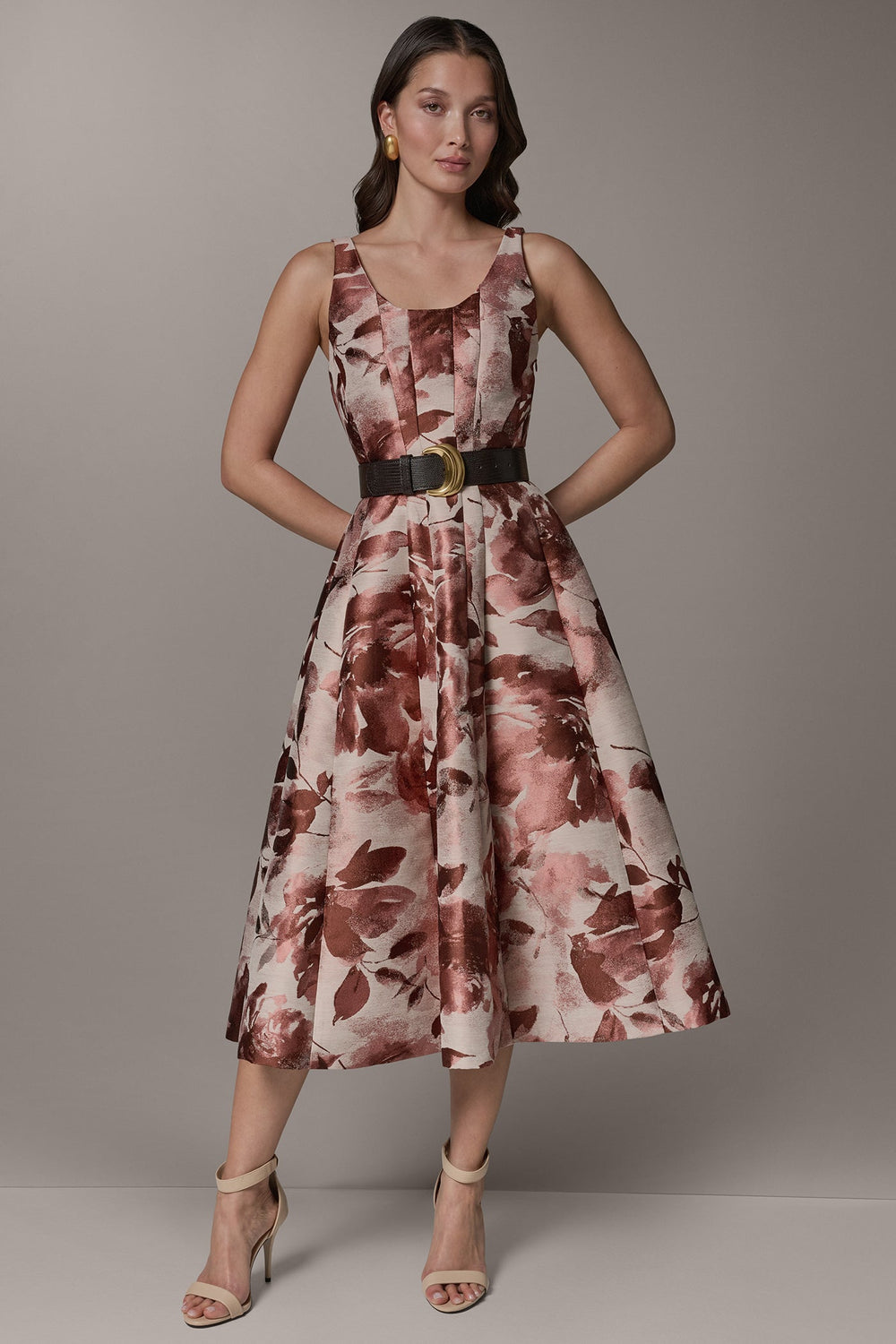Donna Karan | SLEEVELESS FLORAL MIDI FIT AND FLARE DRESS