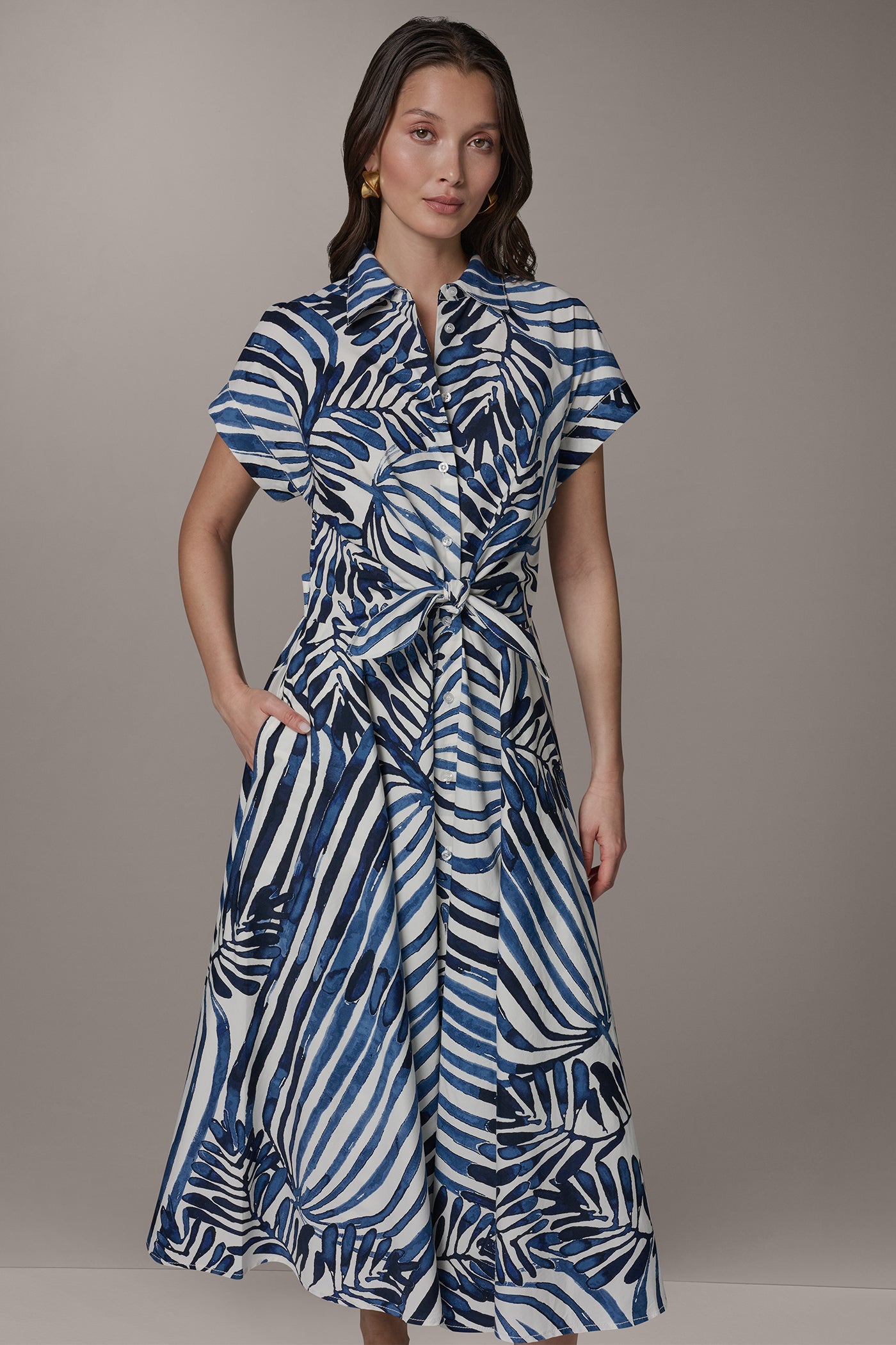 Donna Karan | SHORT SLEEVE TIE FRONT MAXI SHIRT DRESS