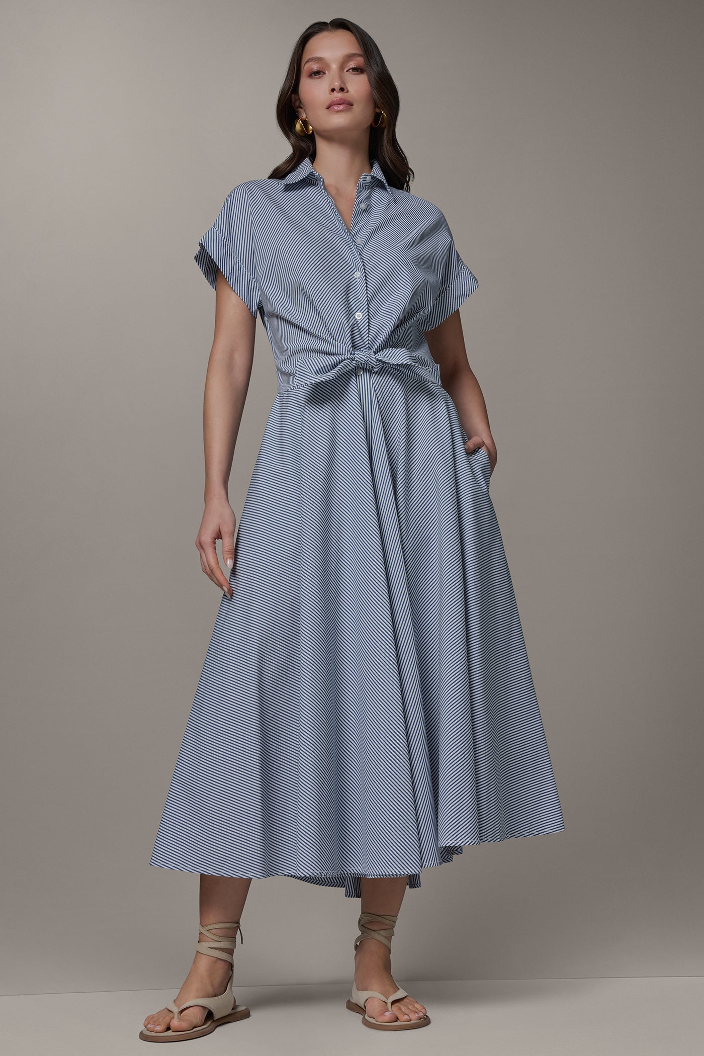 Donna Karan | SHORT SLEEVE STRIPE TIE FRONT MAXI SHIRT DRESS