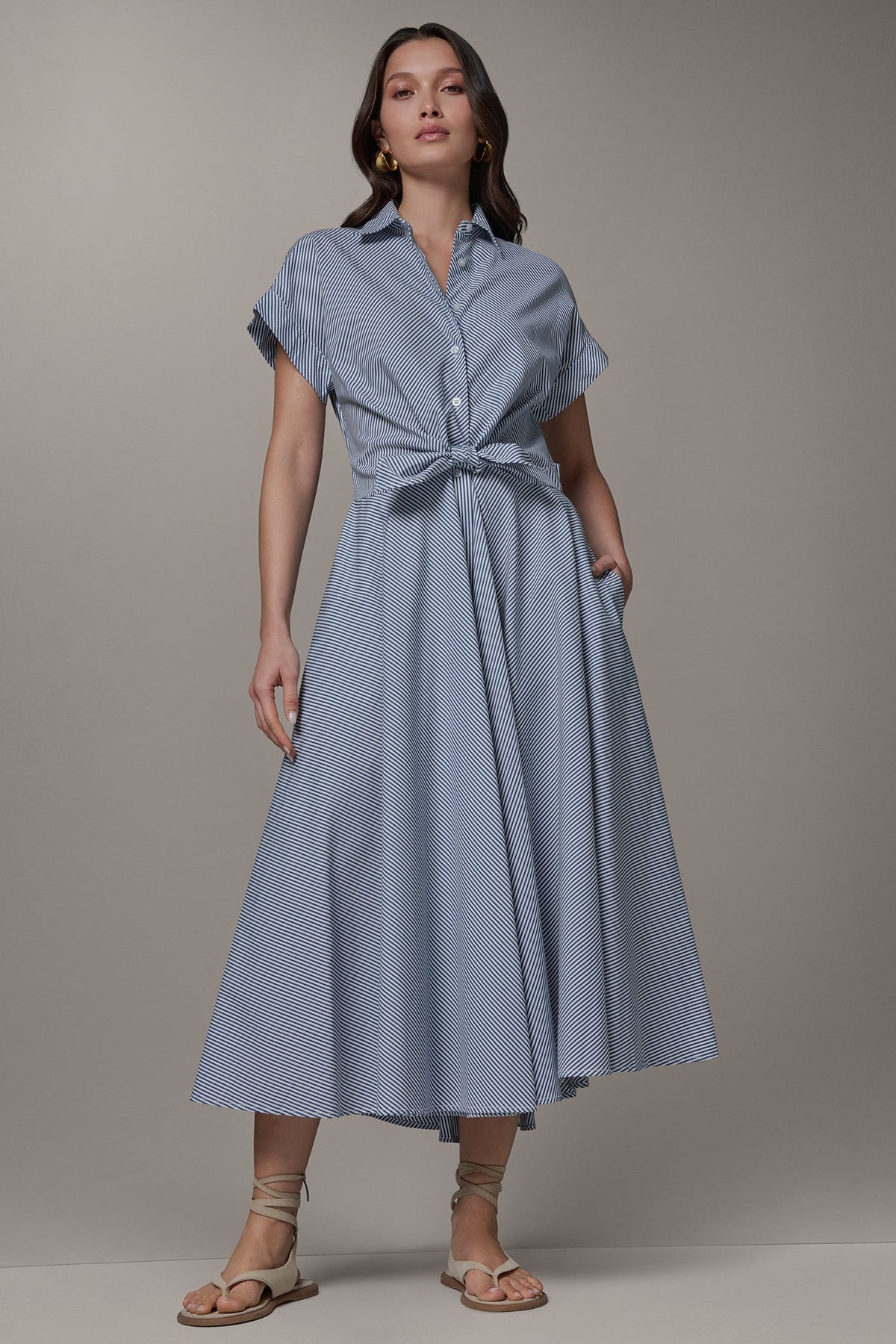 Donna Karan | SHORT SLEEVE STRIPE TIE FRONT MAXI SHIRT DRESS