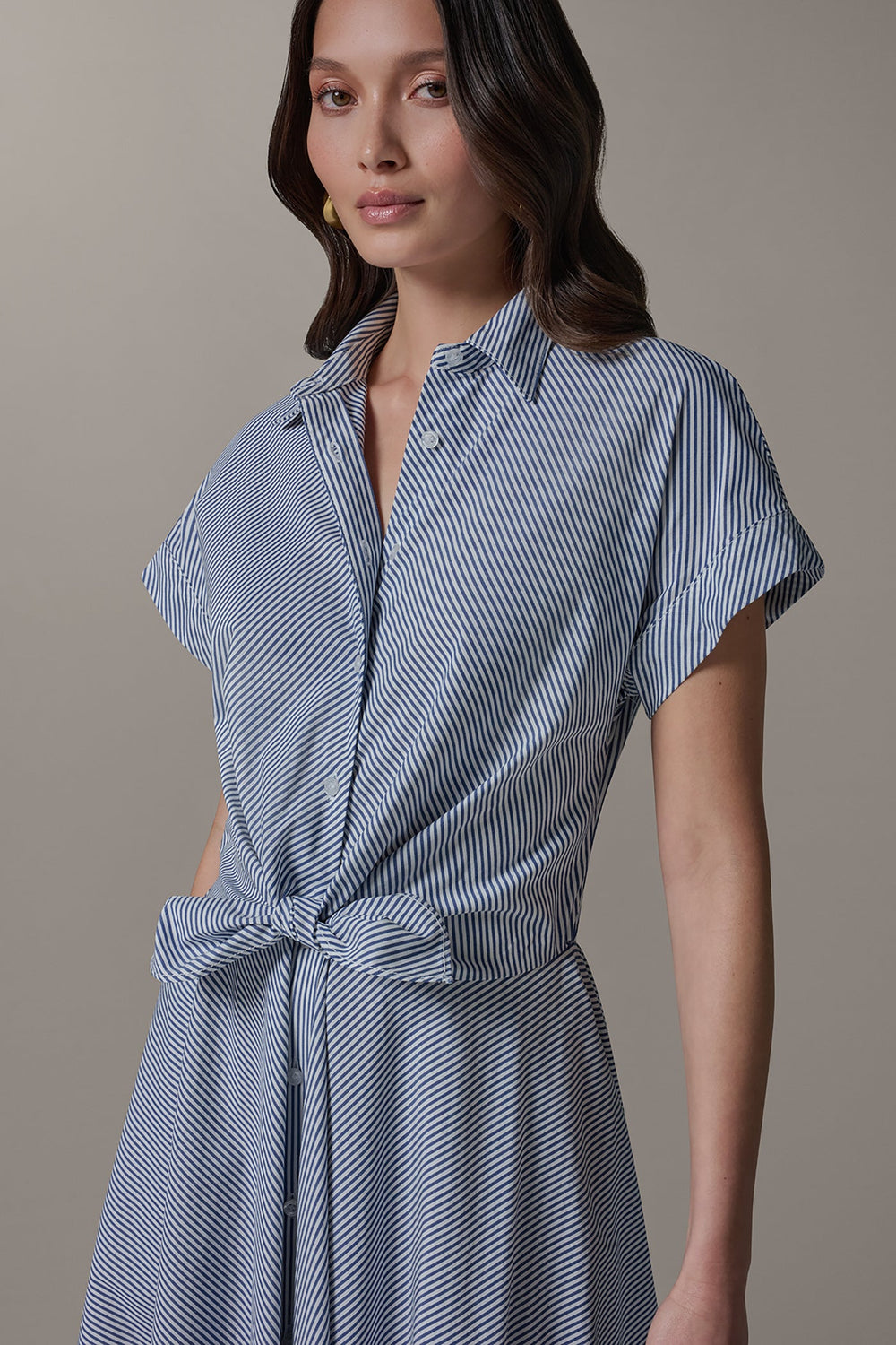 Donna Karan | SHORT SLEEVE STRIPE TIE FRONT MAXI SHIRT DRESS