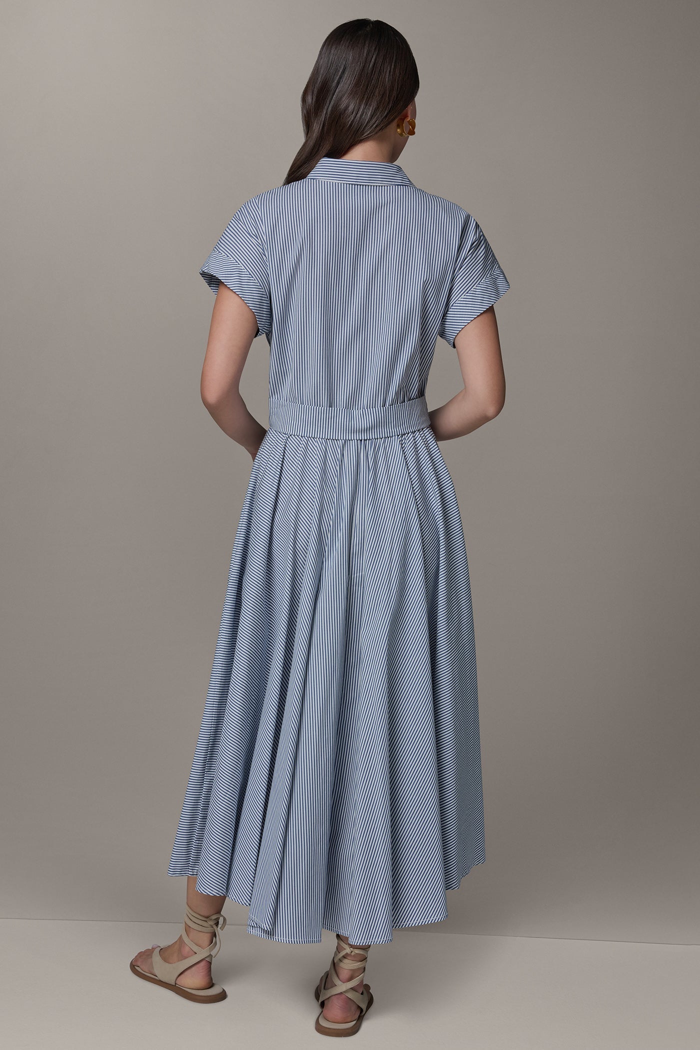 Donna Karan | SHORT SLEEVE STRIPE TIE FRONT MAXI SHIRT DRESS