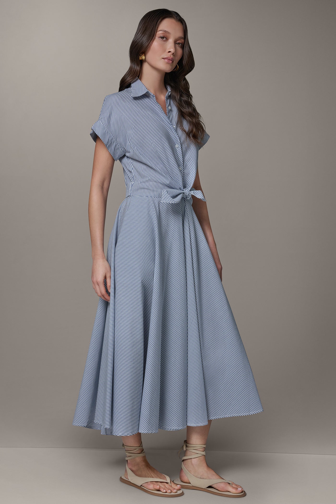 Donna Karan | SHORT SLEEVE STRIPE TIE FRONT MAXI SHIRT DRESS