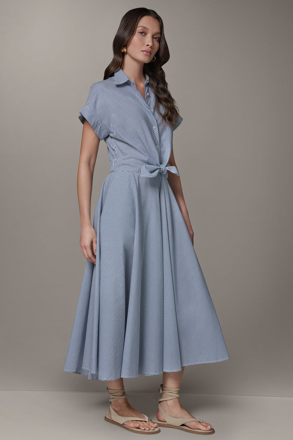Donna Karan | SHORT SLEEVE STRIPE TIE FRONT MAXI SHIRT DRESS