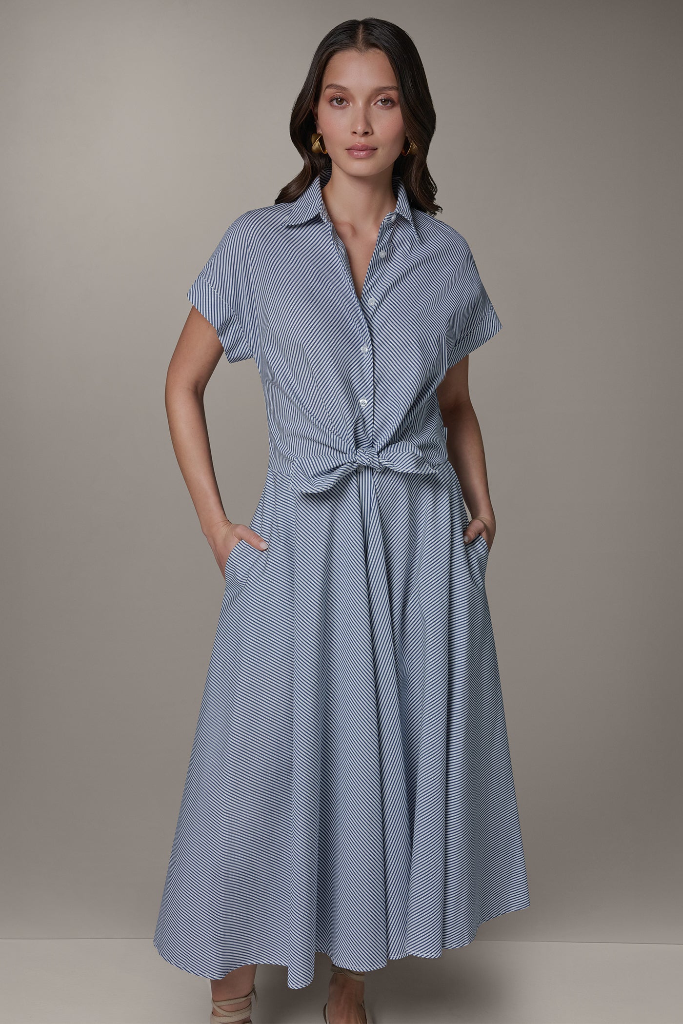 Donna Karan | SHORT SLEEVE STRIPE TIE FRONT MAXI SHIRT DRESS