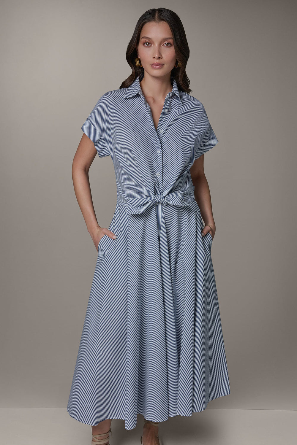 Donna Karan | SHORT SLEEVE STRIPE TIE FRONT MAXI SHIRT DRESS