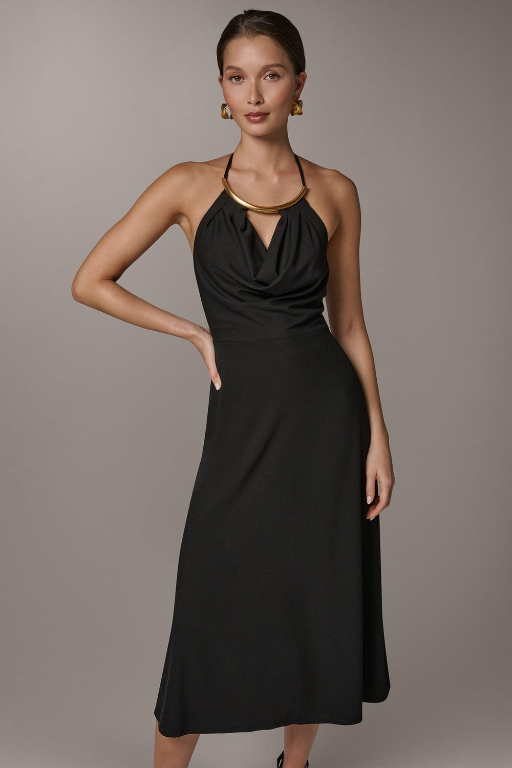 Donna Karan | SLEEVELESS COWL NECK MIDI HALTER DRESS