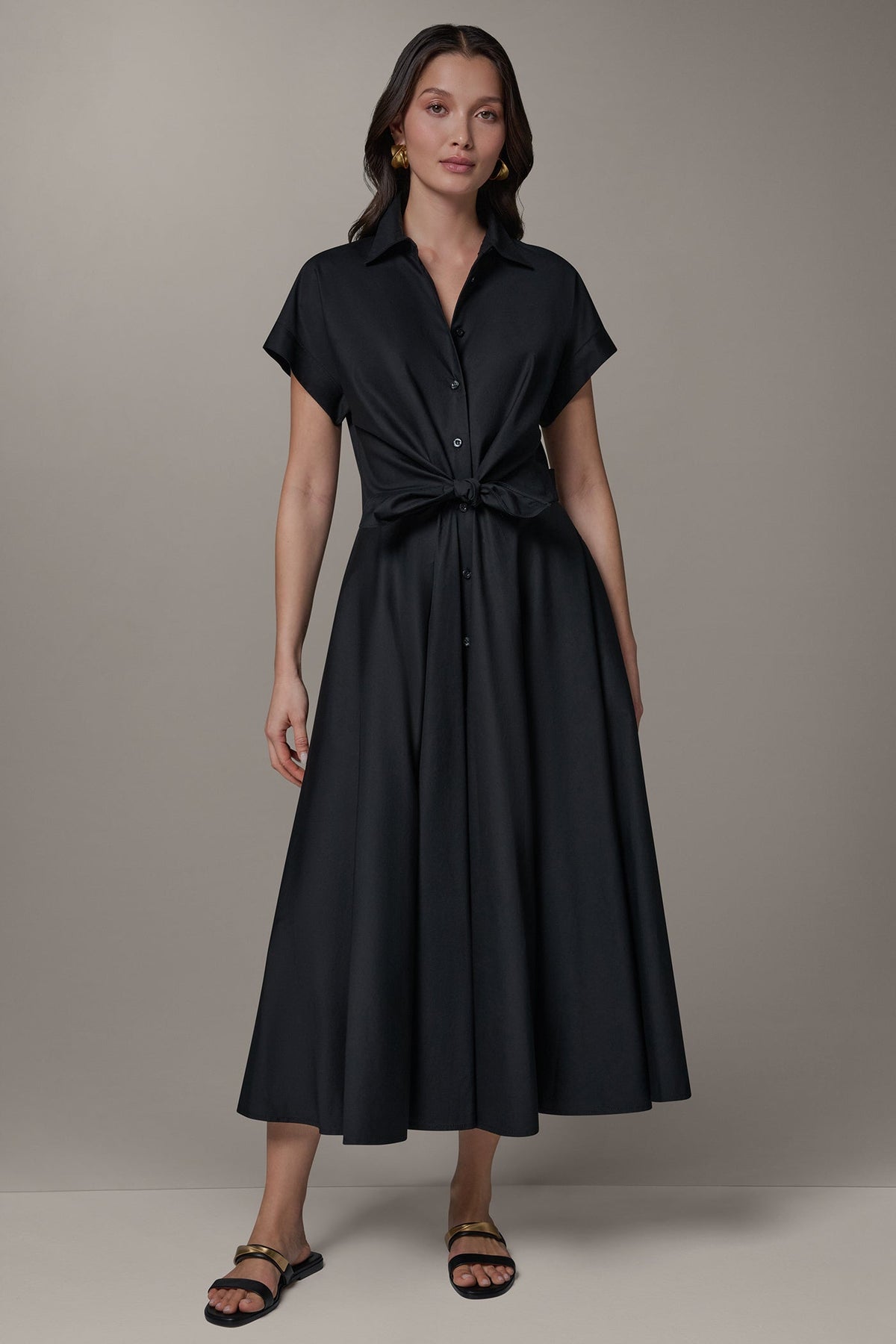 Donna Karan | SHORT SLEEVE TIE FRONT MAXI SHIRT DRESS