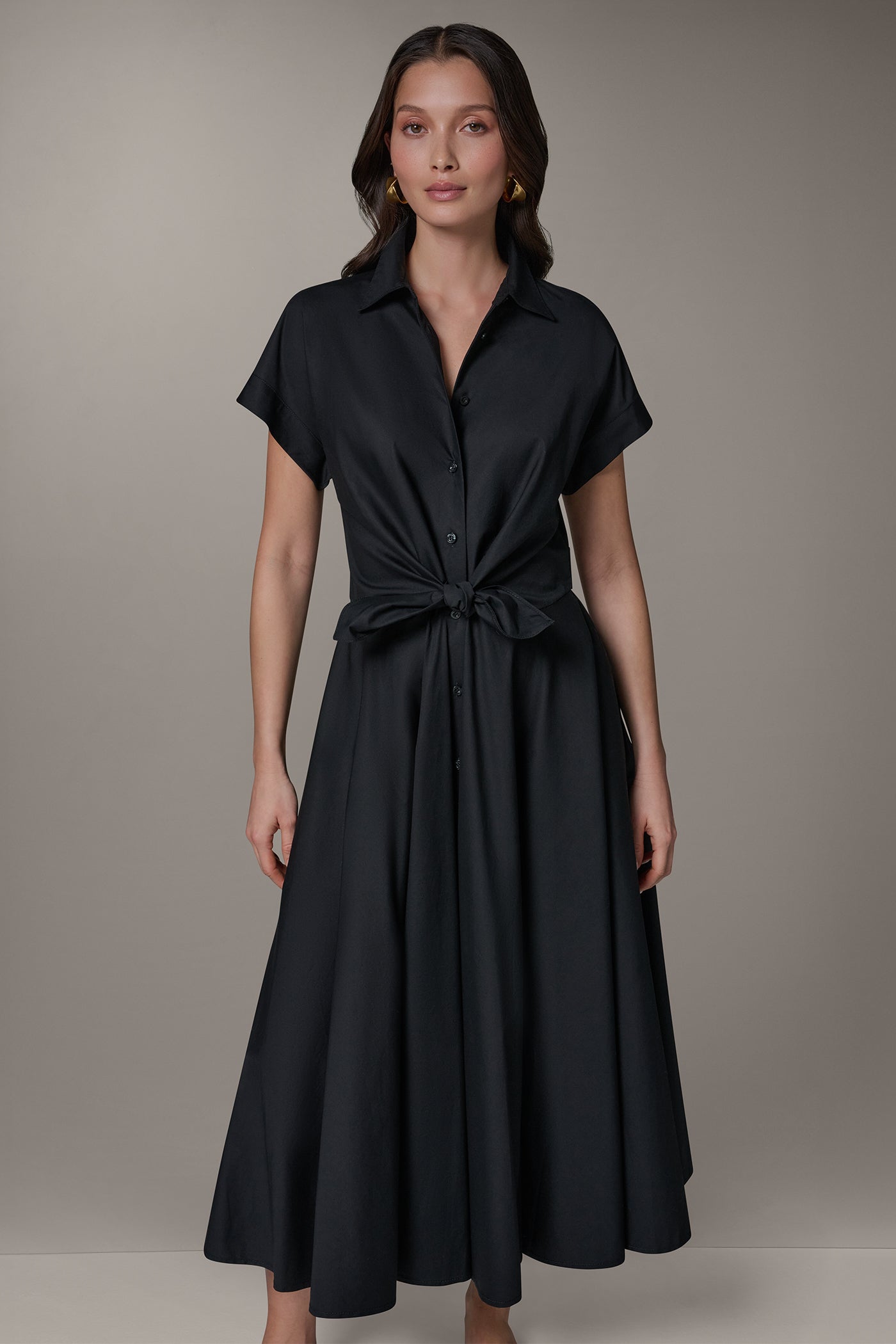 Donna Karan | SHORT SLEEVE TIE FRONT MAXI SHIRT DRESS
