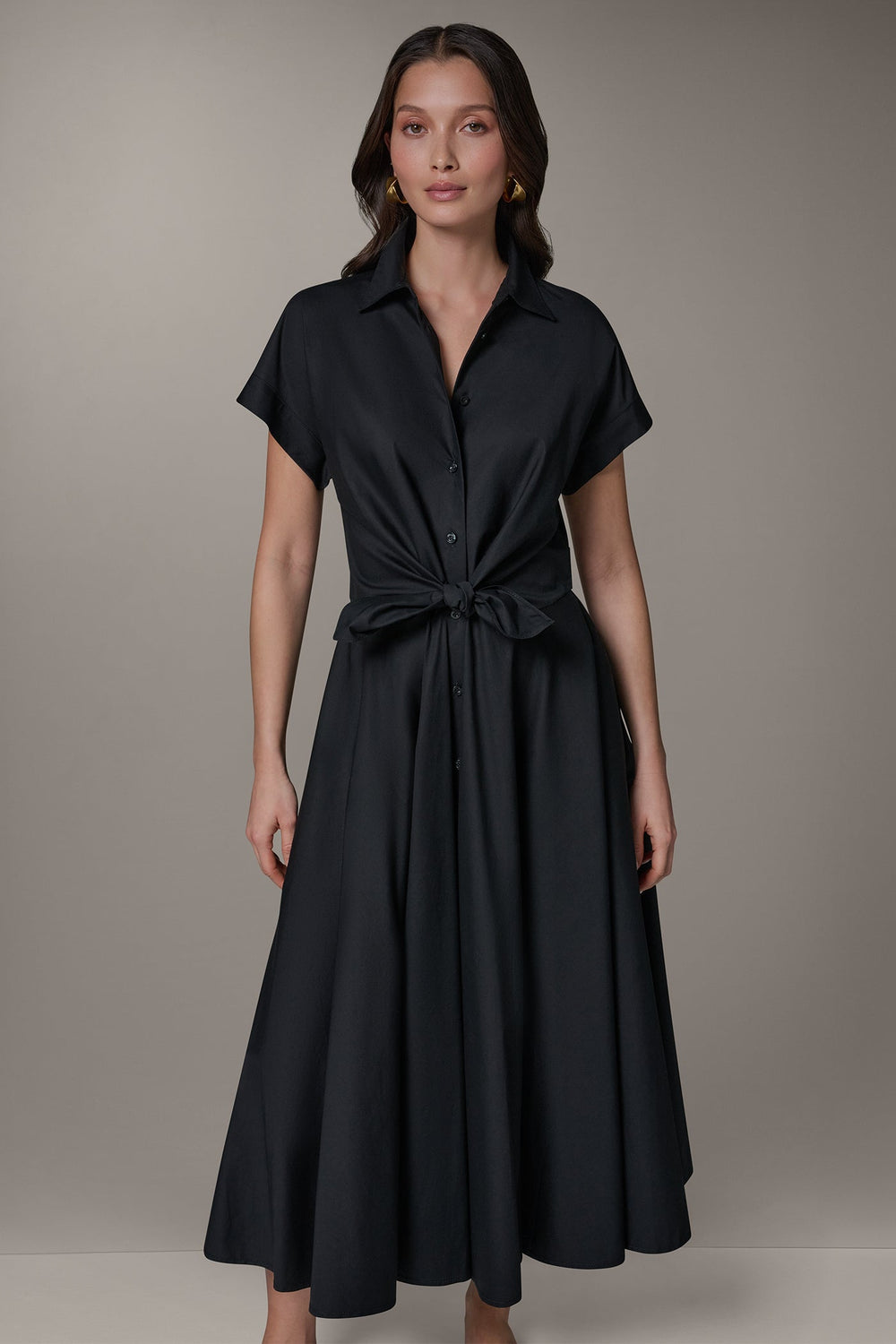 Donna Karan | SHORT SLEEVE TIE FRONT MAXI SHIRT DRESS