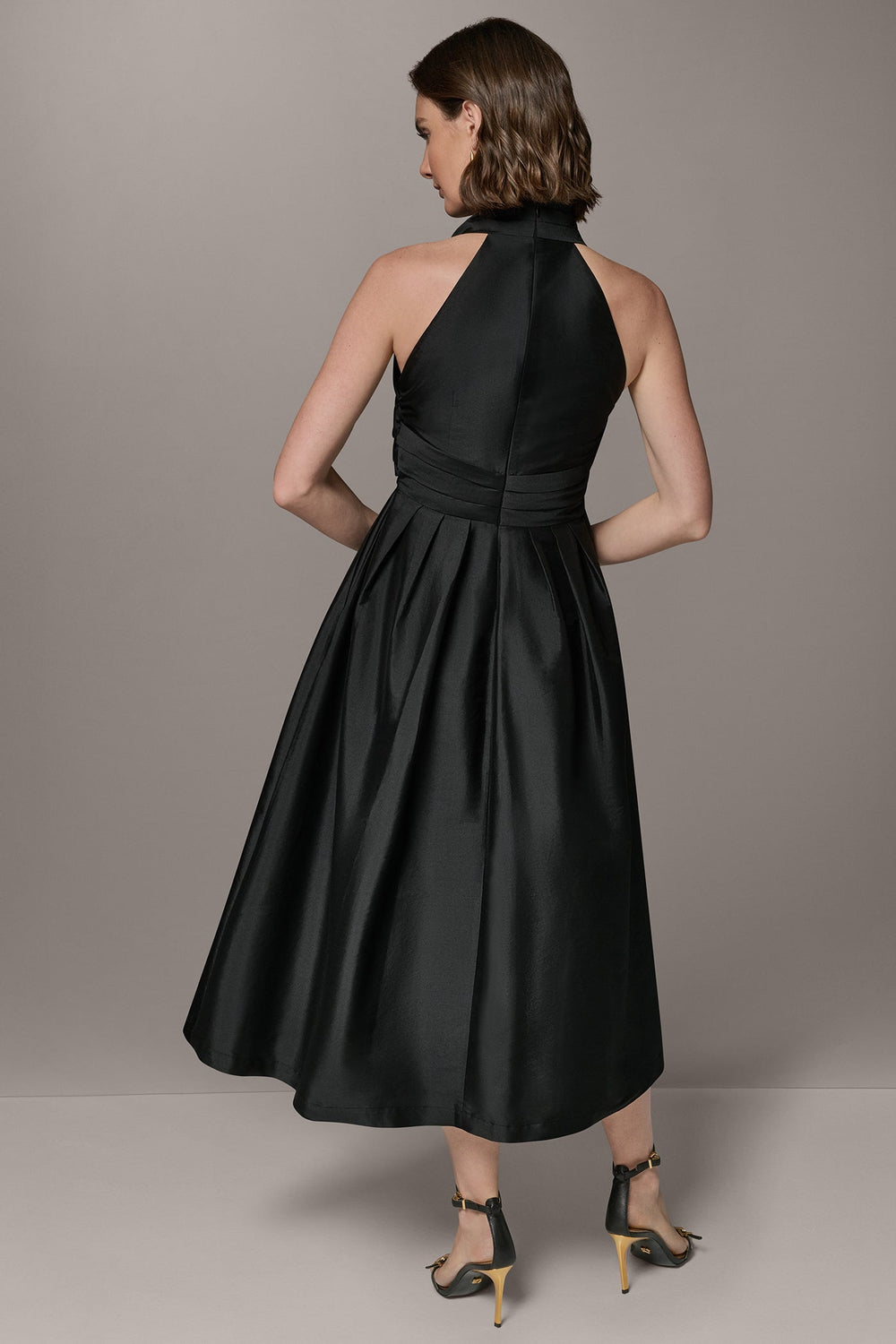 Donna Karan | SLEEVELESS V-NECK TAFFETA MIDI COCKTAIL DRESS