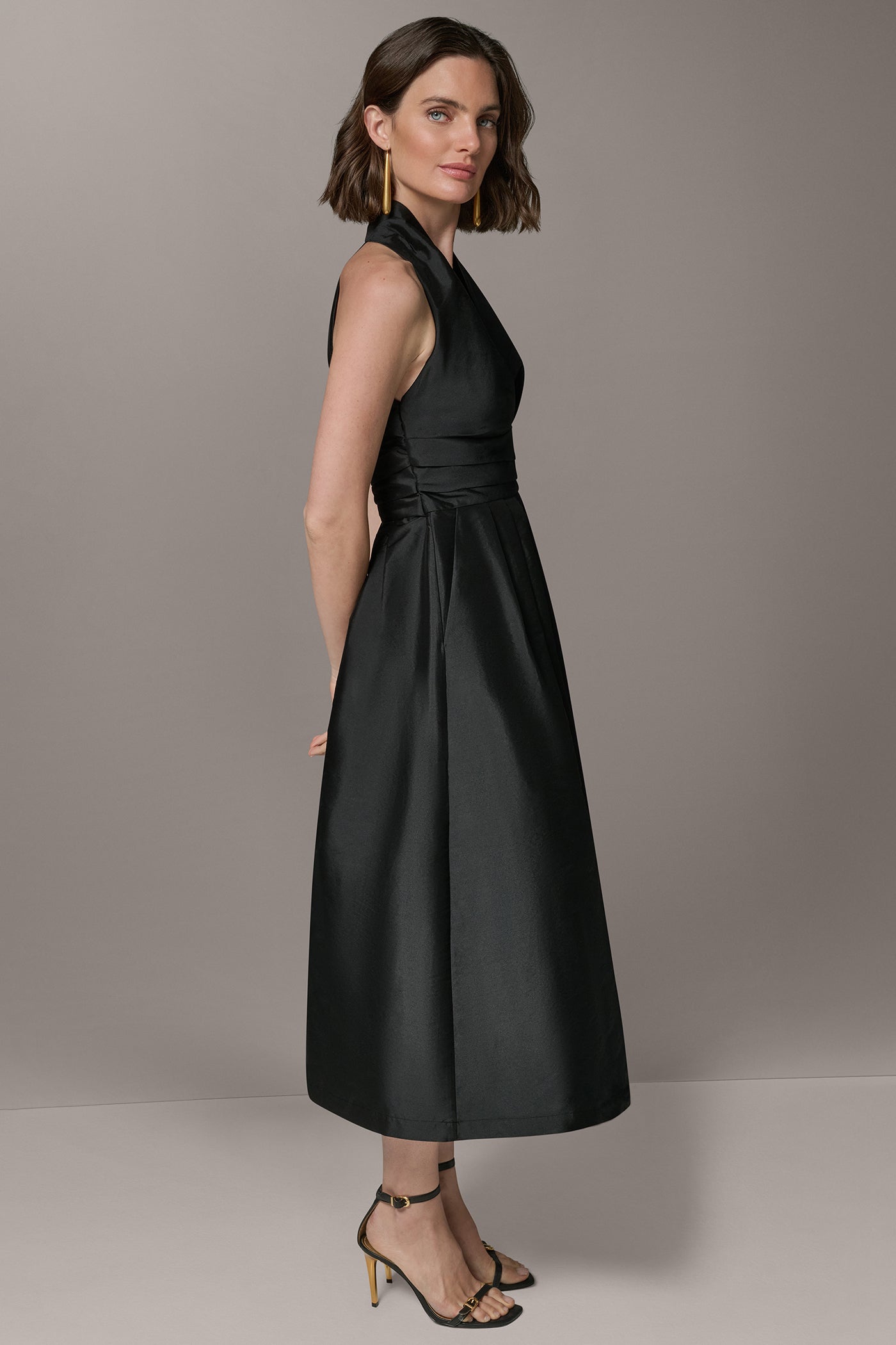 Donna Karan | SLEEVELESS V-NECK TAFFETA MIDI COCKTAIL DRESS