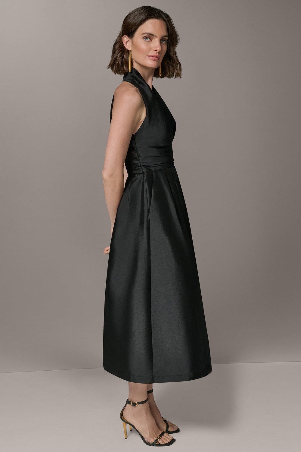 Donna Karan | SLEEVELESS V-NECK TAFFETA MIDI COCKTAIL DRESS