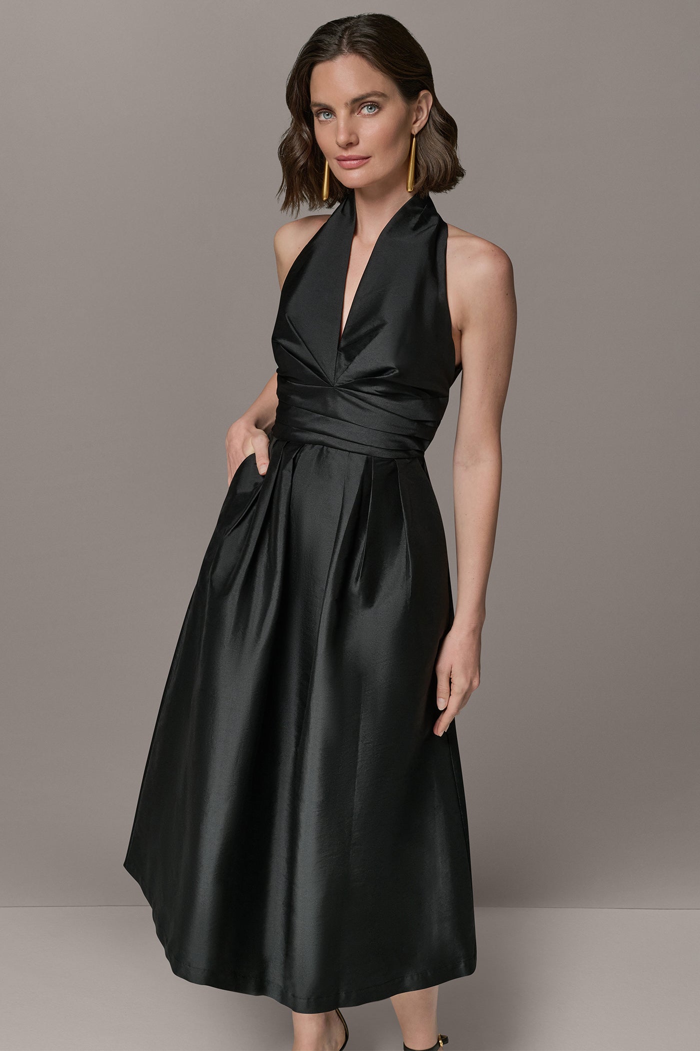 Donna Karan | SLEEVELESS V-NECK TAFFETA MIDI COCKTAIL DRESS