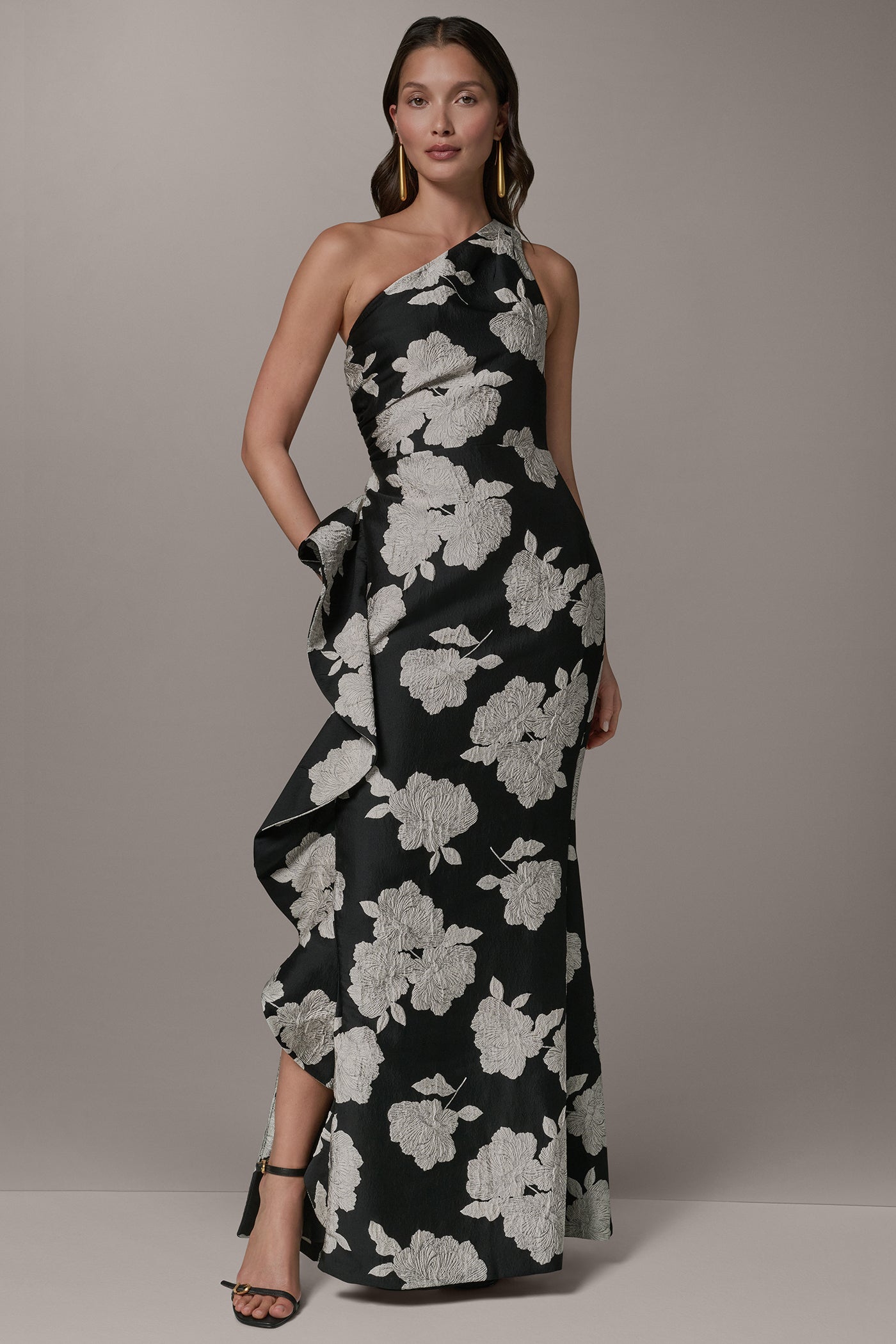 Donna Karan | ONE SHOULDER FLORAL SIDE RUFFLE GOWN