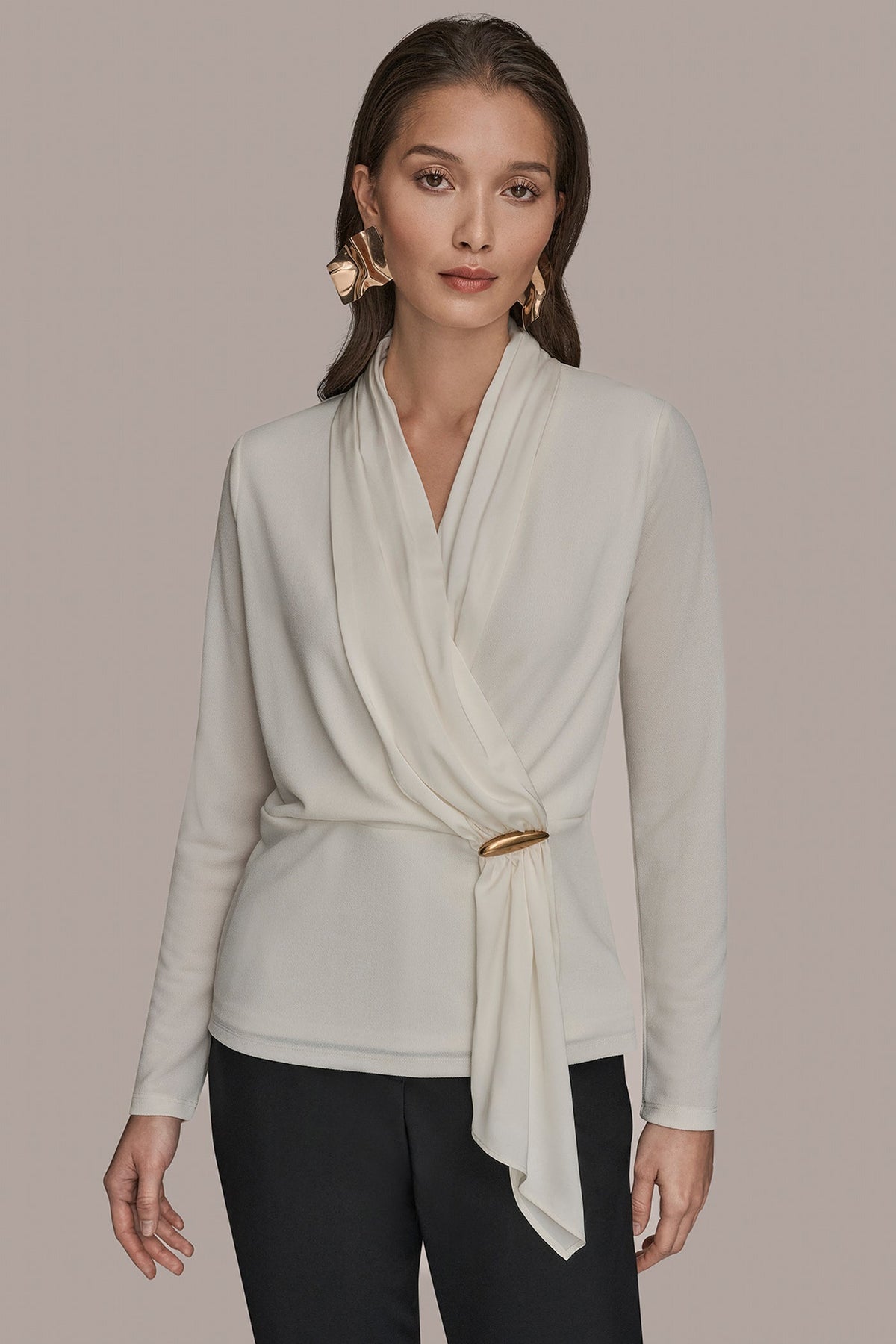 Donna Karan | LONG SLEEVE SHAWL-NECK SATIN BLOUSE