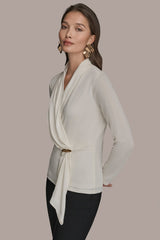 Donna Karan | LONG SLEEVE SHAWL-NECK SATIN BLOUSE