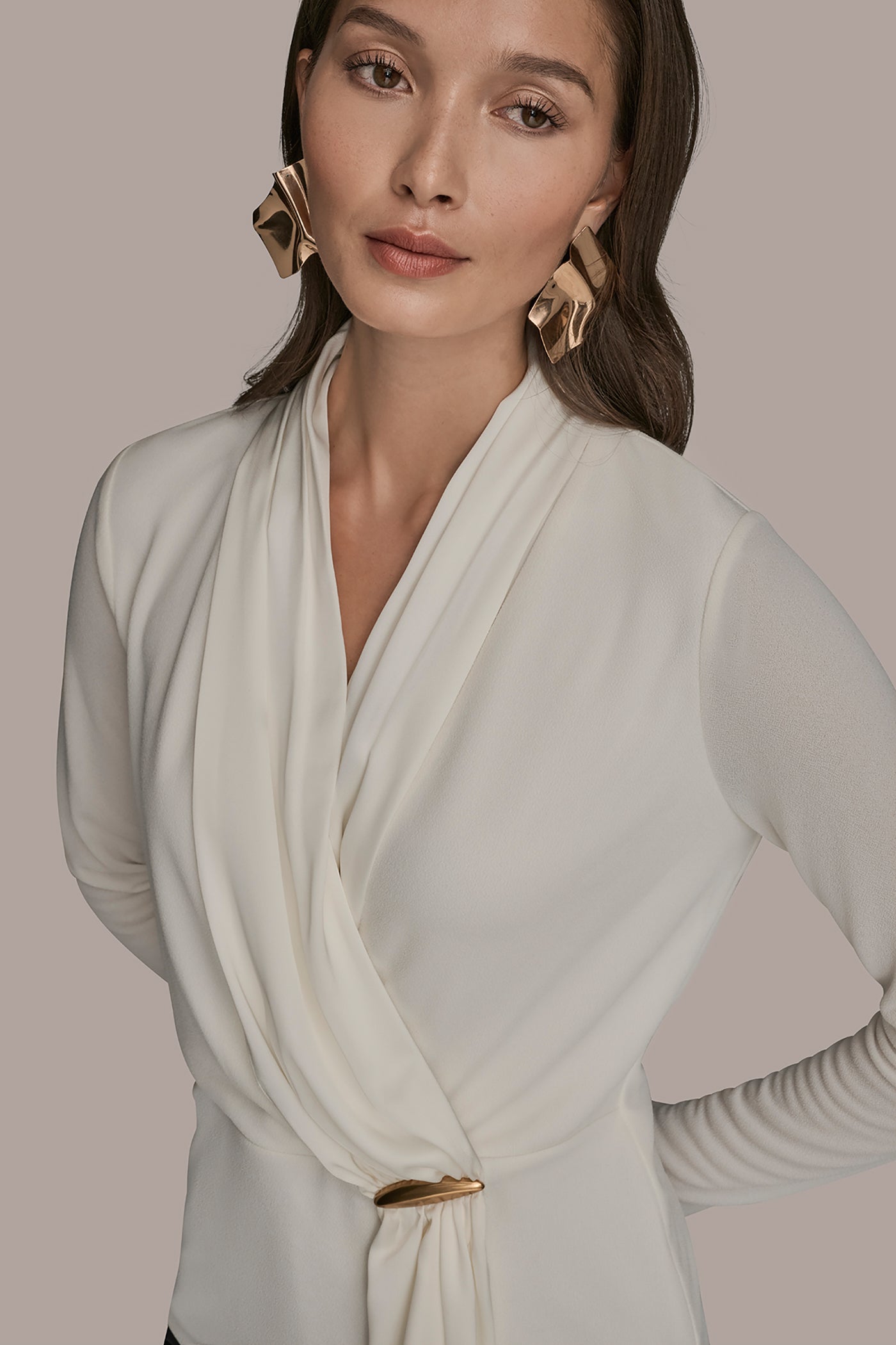 Donna Karan | LONG SLEEVE SHAWL-NECK SATIN BLOUSE