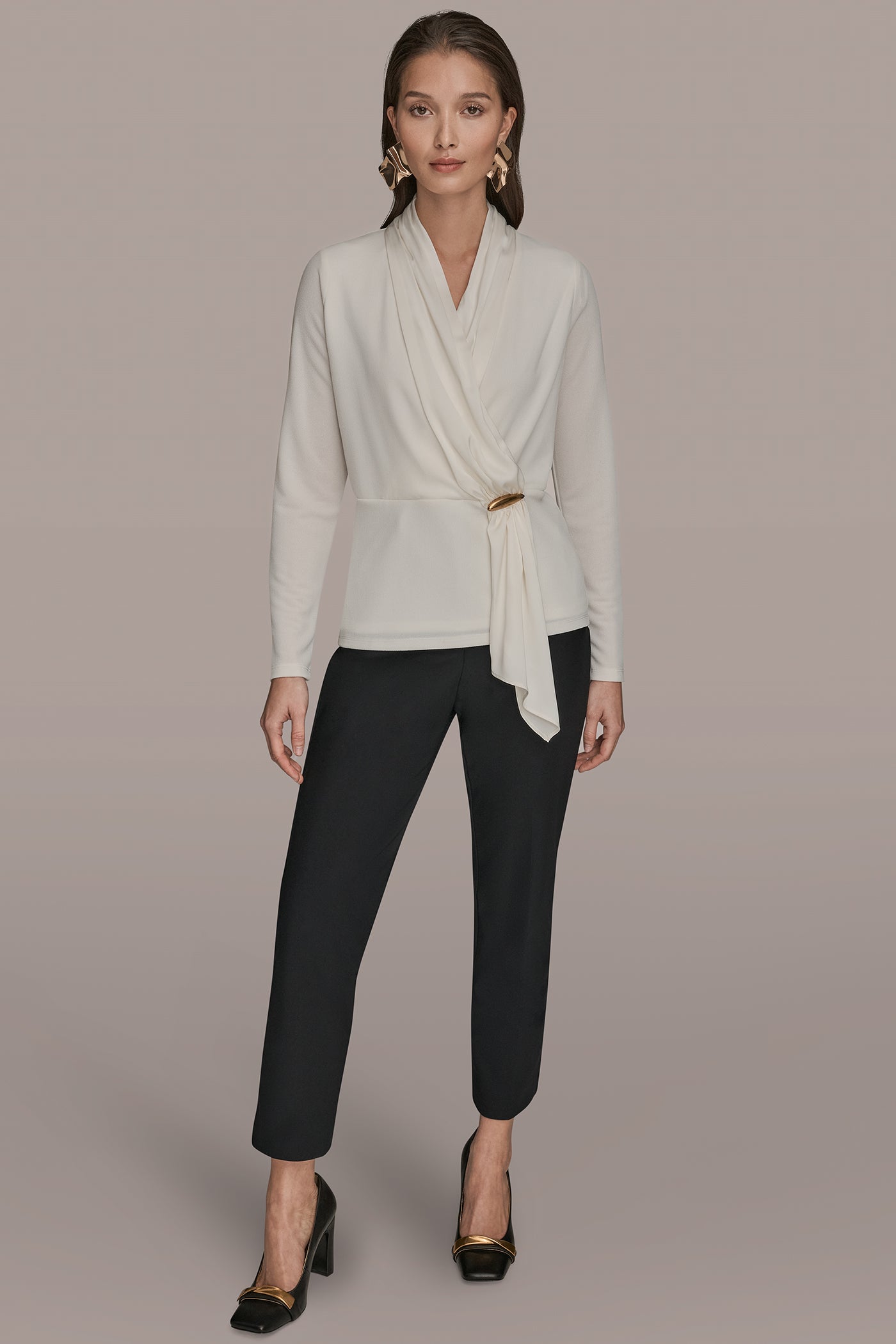 Donna Karan | LONG SLEEVE SHAWL-NECK SATIN BLOUSE