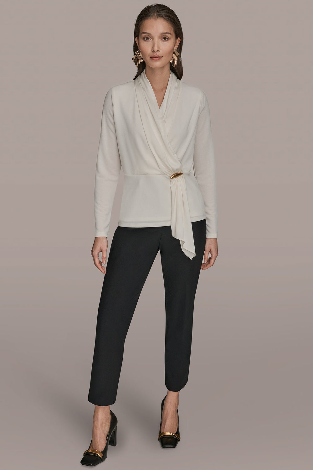 Donna Karan | LONG SLEEVE SHAWL-NECK SATIN BLOUSE