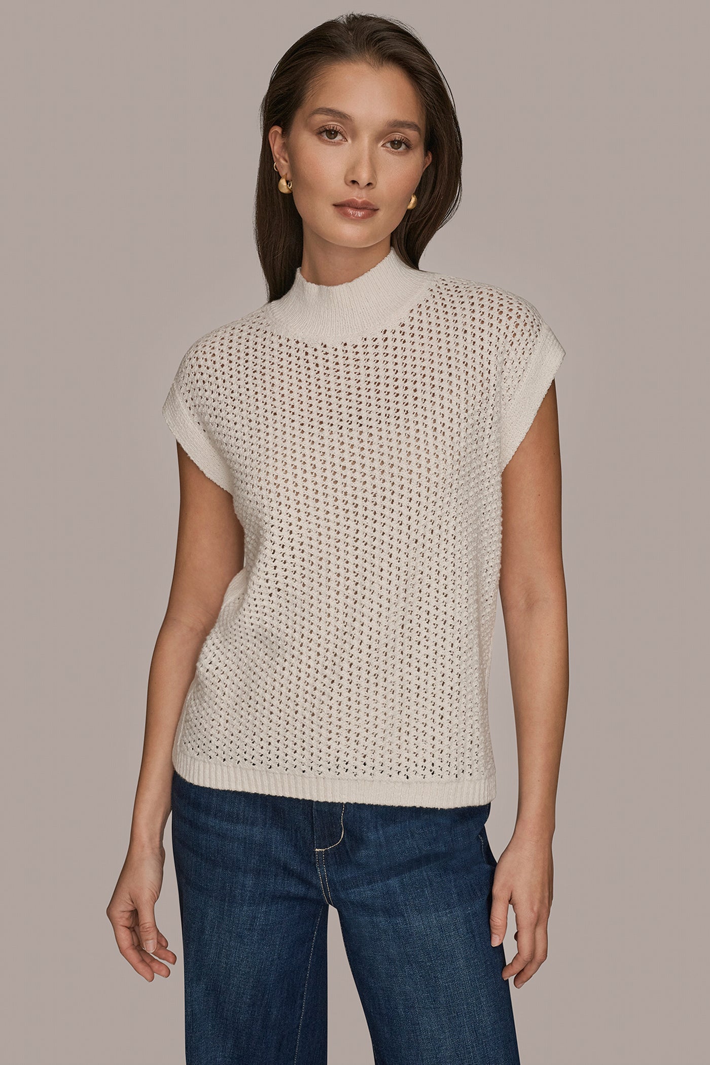 Donna Karan | SLEEVELESS MOCK-NECK OPEN STITCH SWEATER