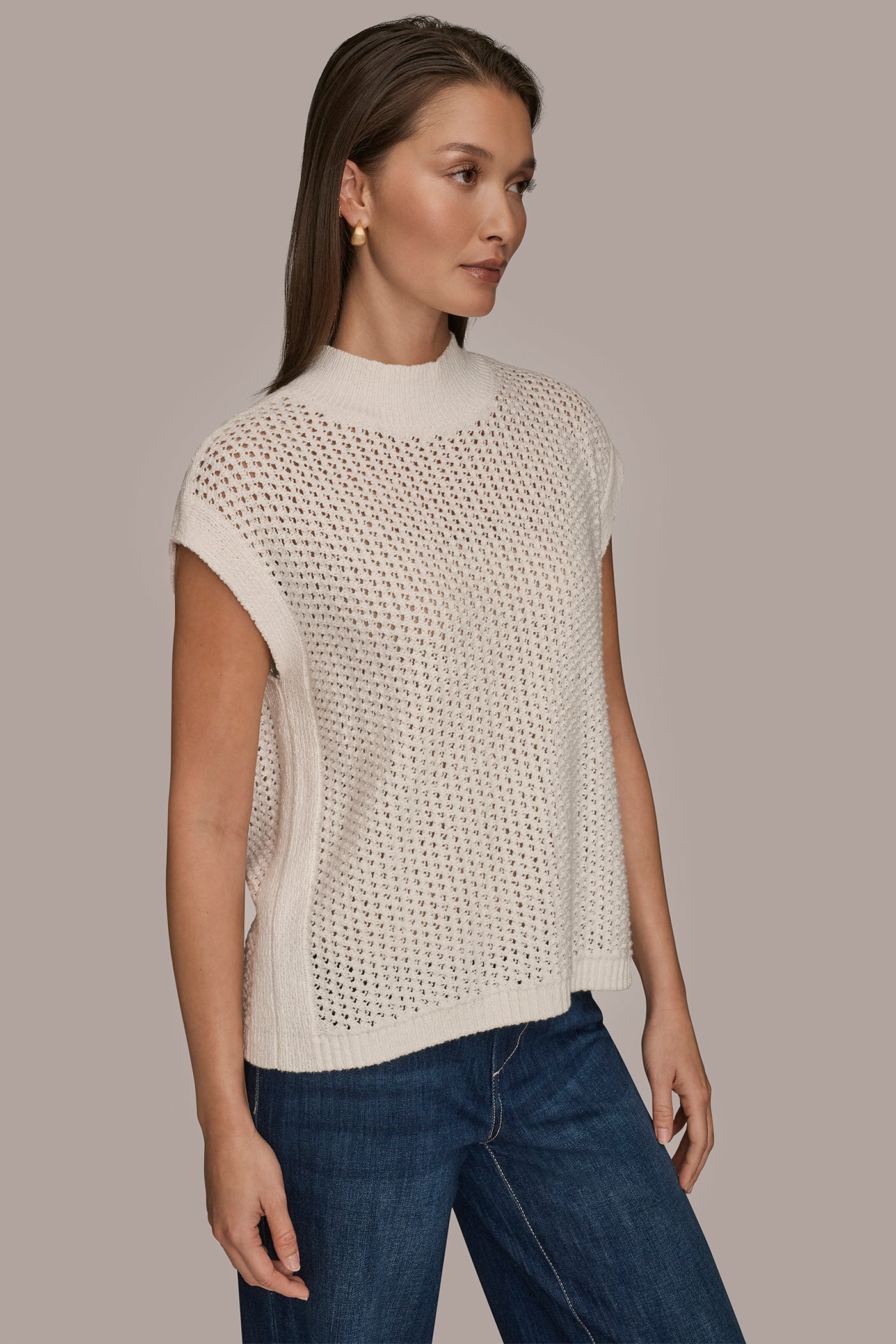 Donna Karan | SLEEVELESS MOCK-NECK OPEN STITCH SWEATER