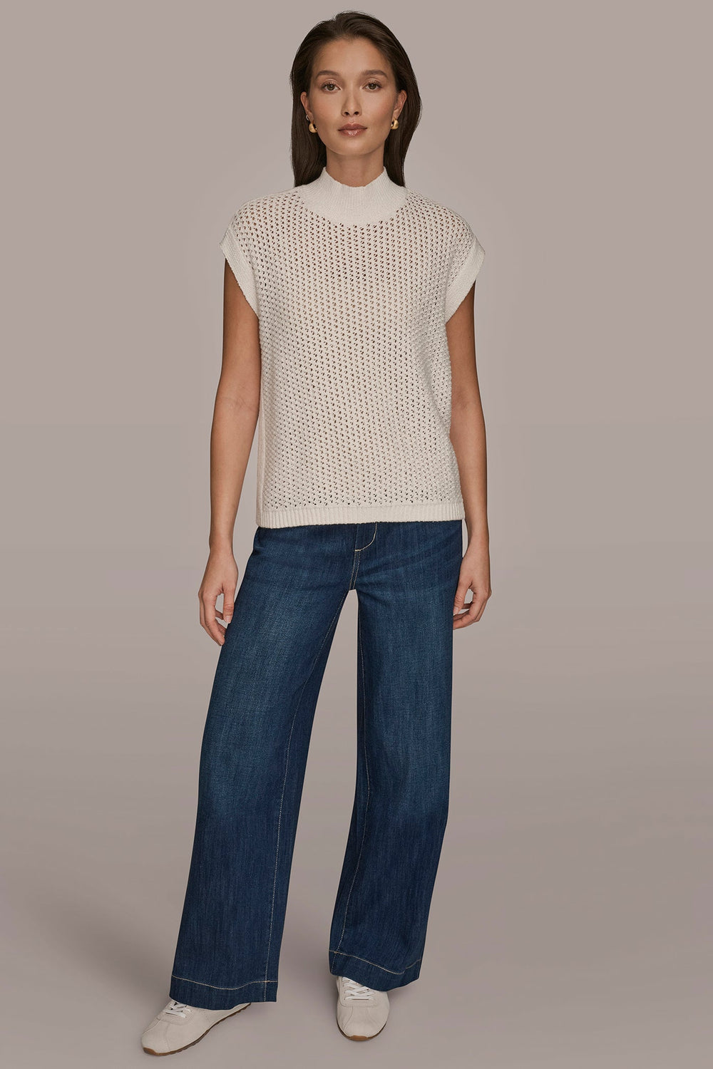 Donna Karan | SLEEVELESS MOCK-NECK OPEN STITCH SWEATER