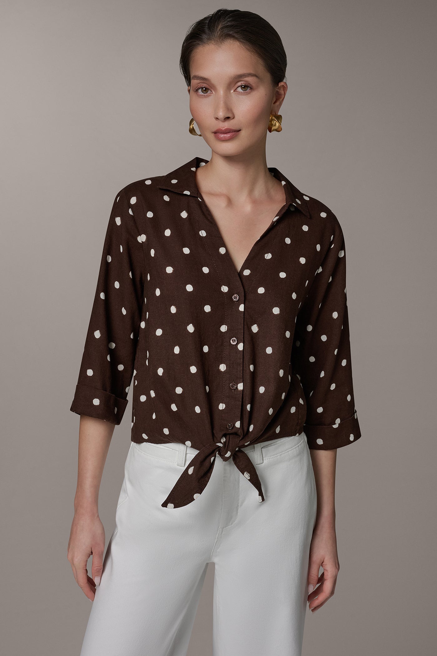 Donna Karan | ELBOW SLEEVE POLKA DOT TIE FRONT BLOUSE